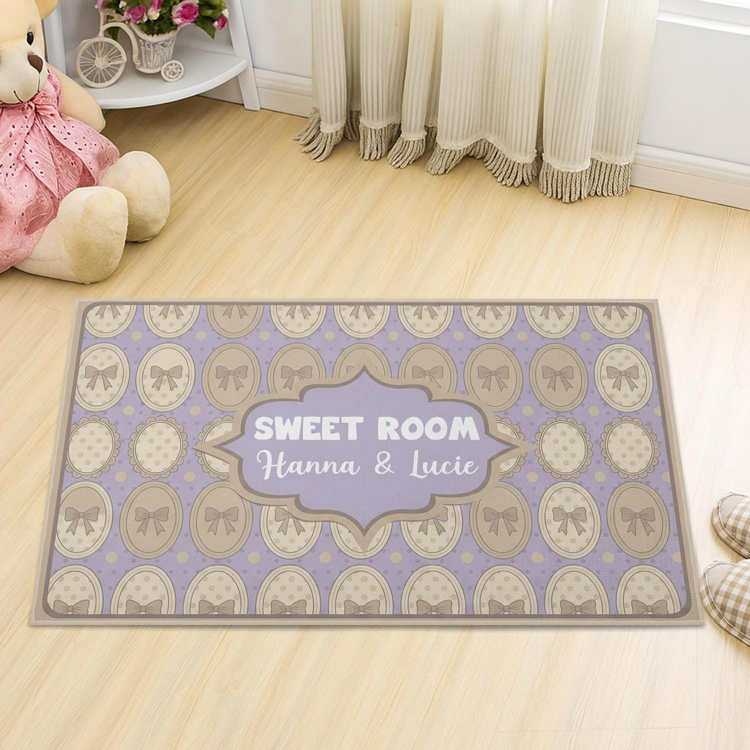 Personalized Sweet Room Doormat | Custom Name Rug for Roommates & Sisters | Cute Pastel Bow Mat | Dorm Bedroom Door Decor