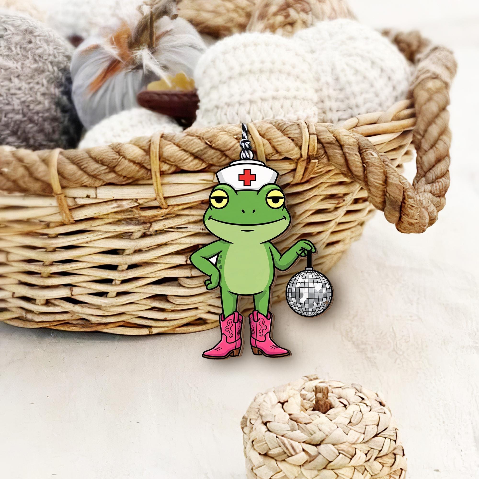 Funny Frog Basket Tag | Nurse Hat & Disco Ball Frog with Pink Cowboy Boots | Quirky Gift Basket Tag | Cute Novelty Party Decoration