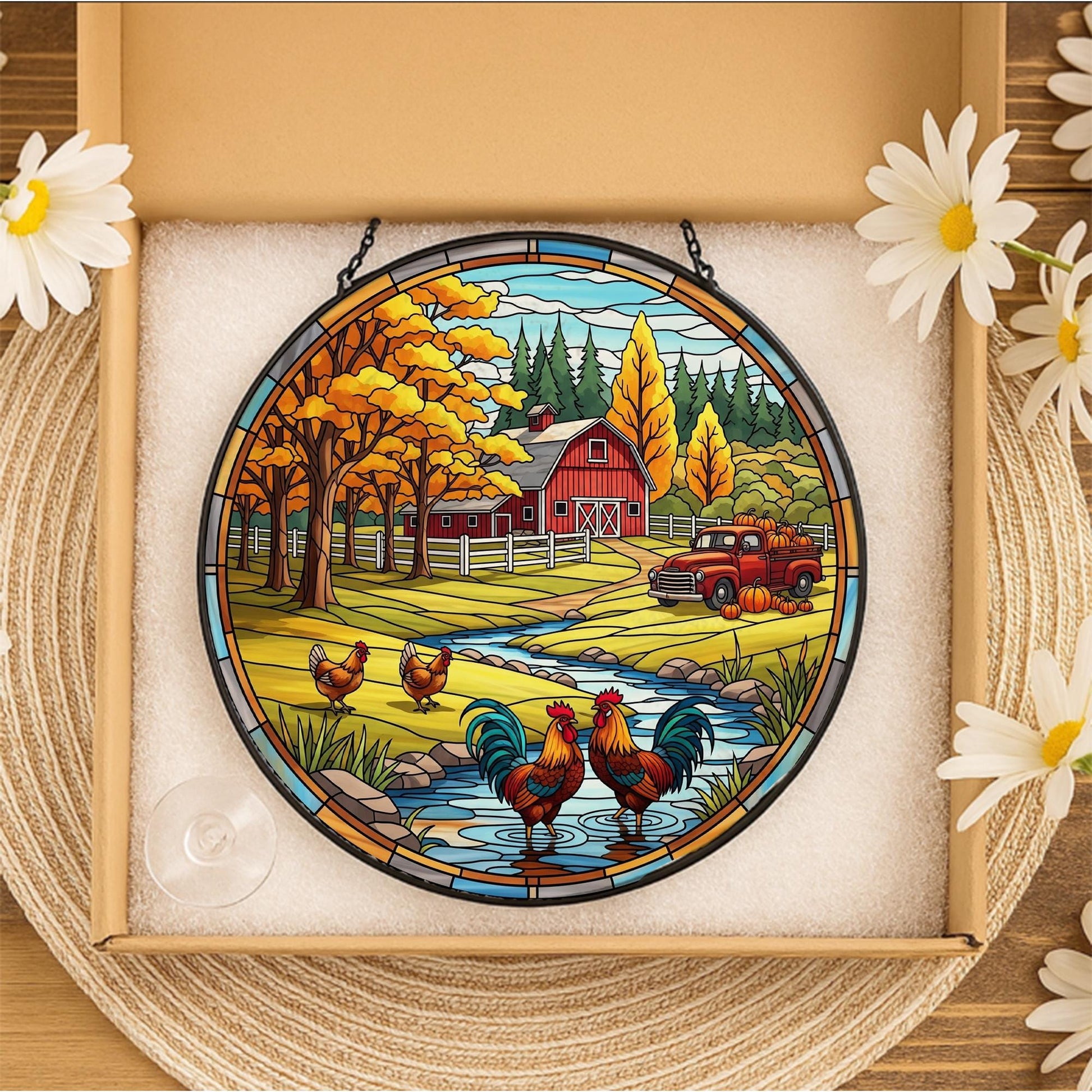 Farmhouse Faux Stained Glass Suncatcher | Rooster & Barn Window Hanging | Rustic Country Fall Decor with Chickens and Pumpkins