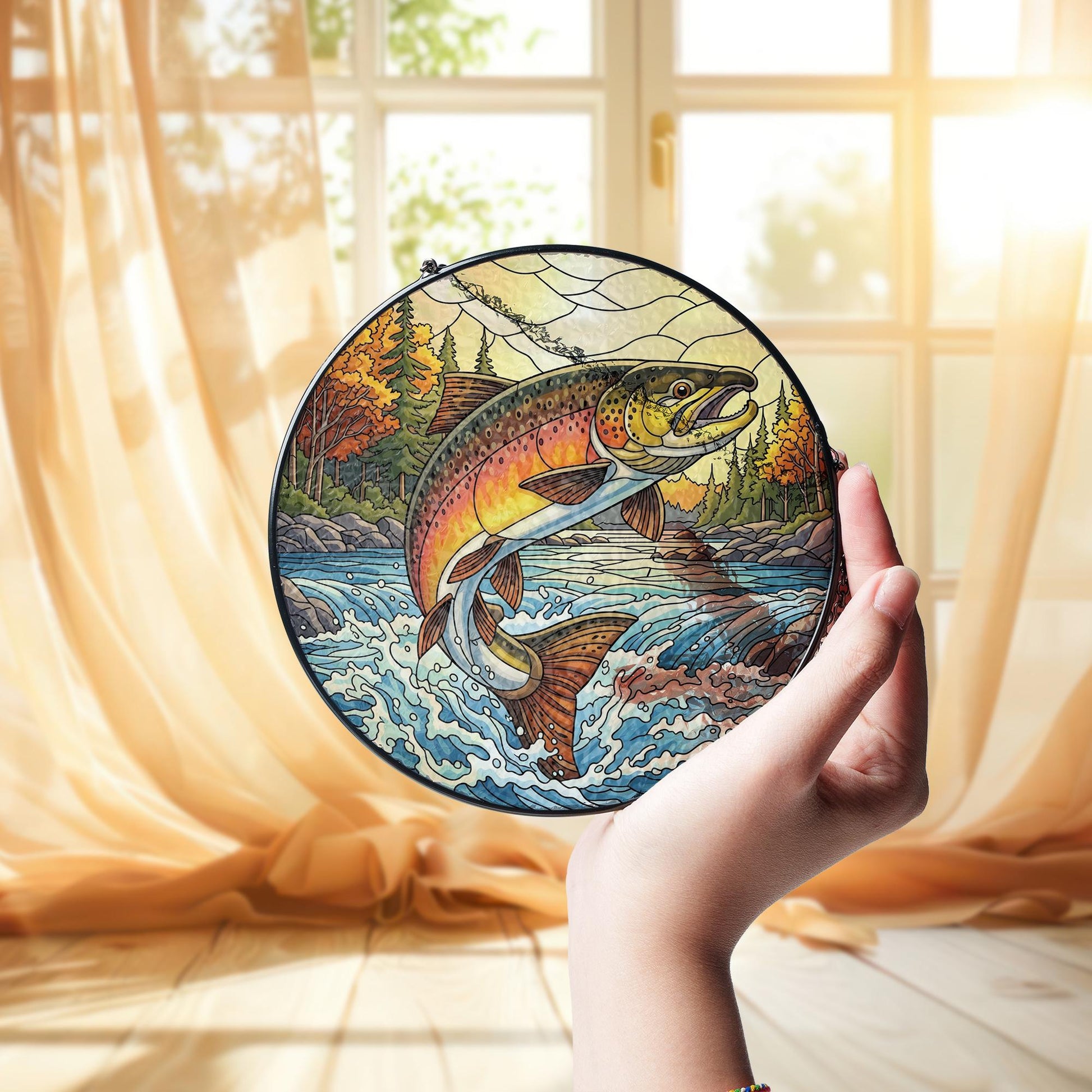 Brown Trout Faux Stained Glass Suncatcher | Fishing Cabin Decor | Rustic Lake House Window Hanging | Fisherman Gift Idea