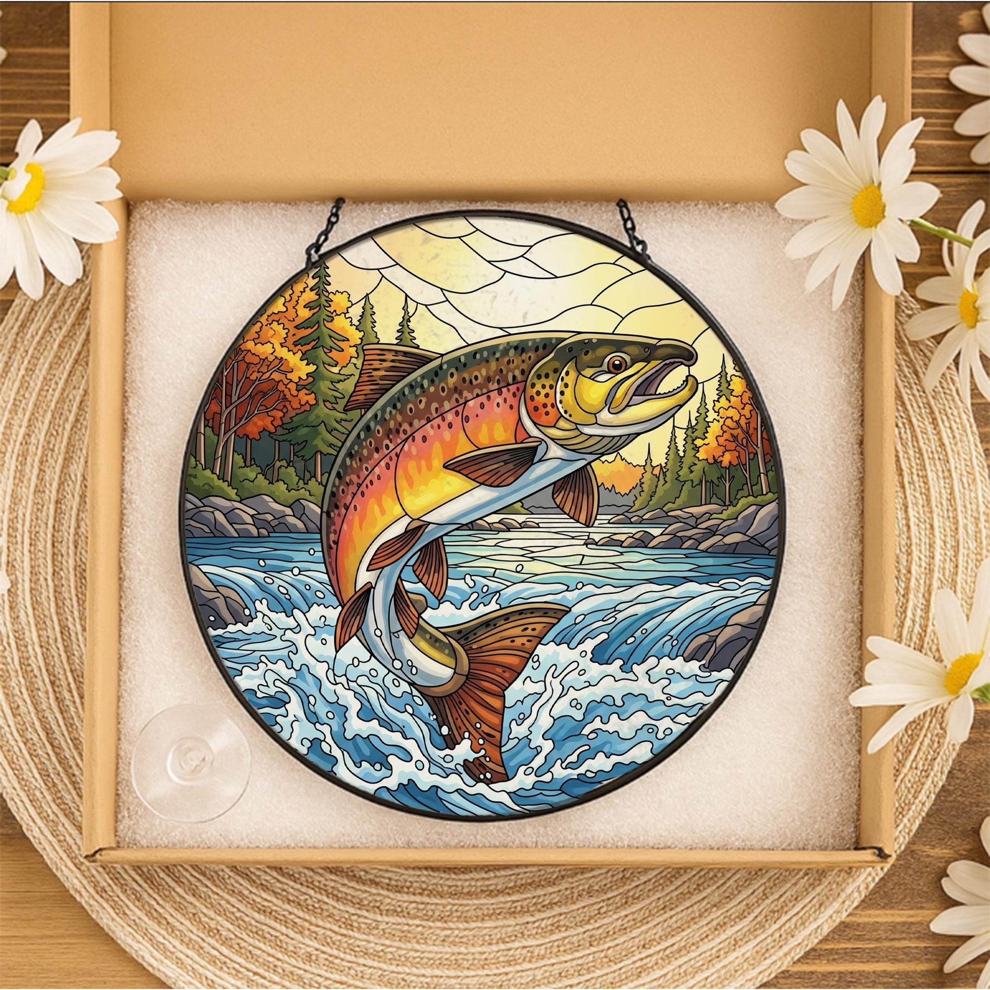 Brown Trout Faux Stained Glass Suncatcher | Fishing Cabin Decor | Rustic Lake House Window Hanging | Fisherman Gift Idea