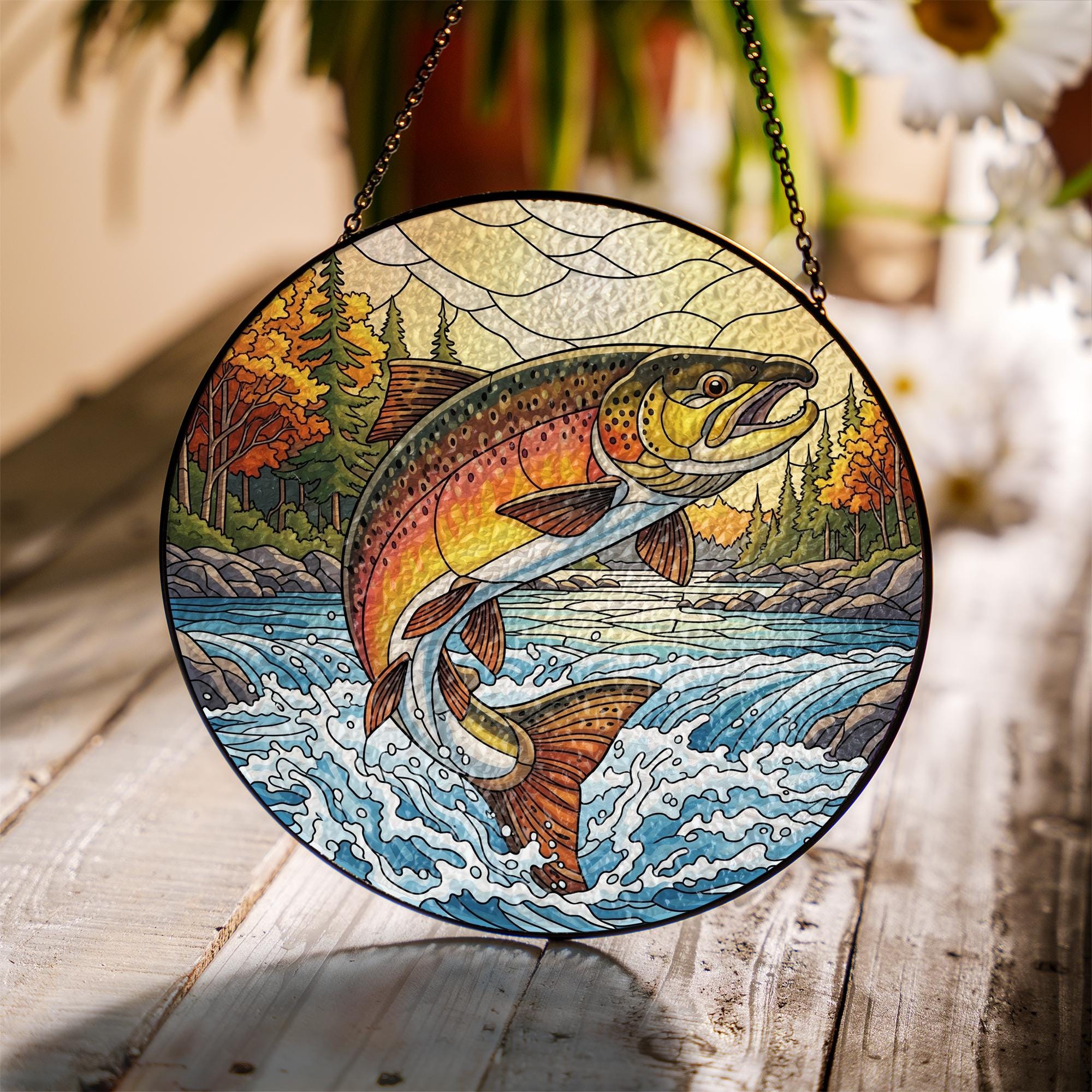 Brown Trout Faux Stained Glass Suncatcher | Fishing Cabin Decor | Rustic Lake House Window Hanging | Fisherman Gift Idea