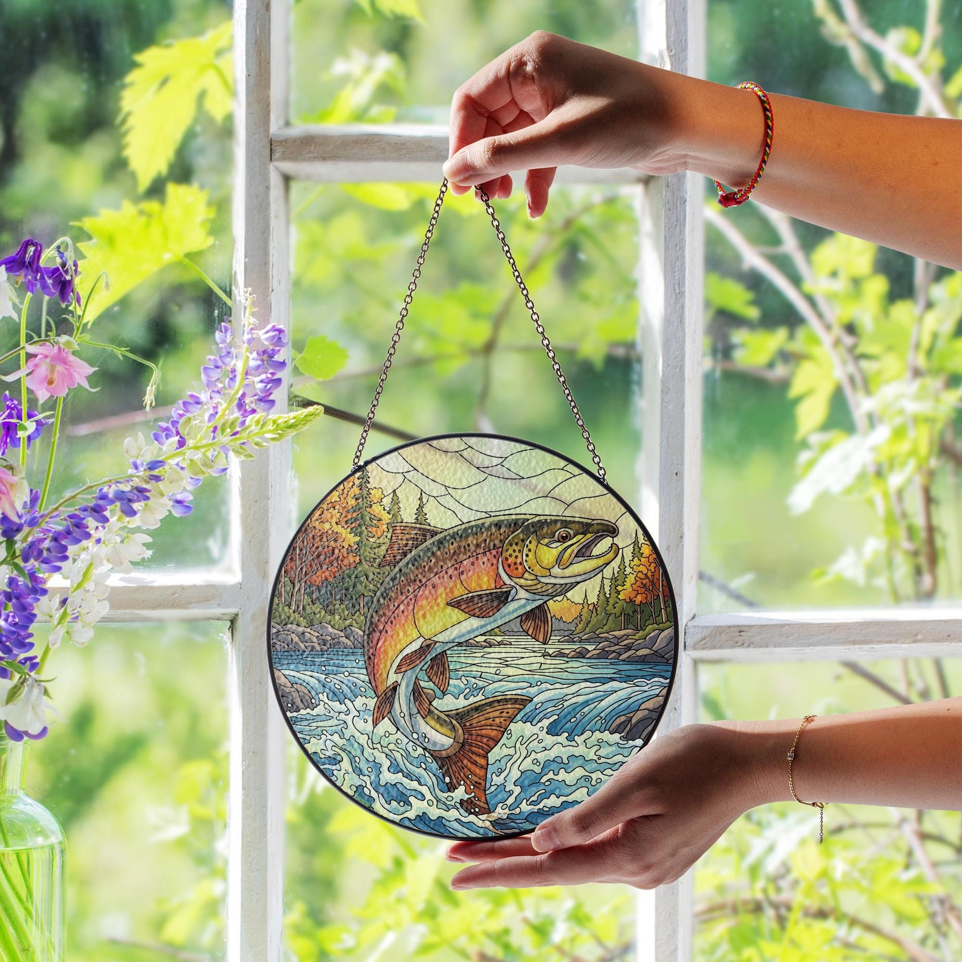 Brown Trout Faux Stained Glass Suncatcher | Fishing Cabin Decor | Rustic Lake House Window Hanging | Fisherman Gift Idea