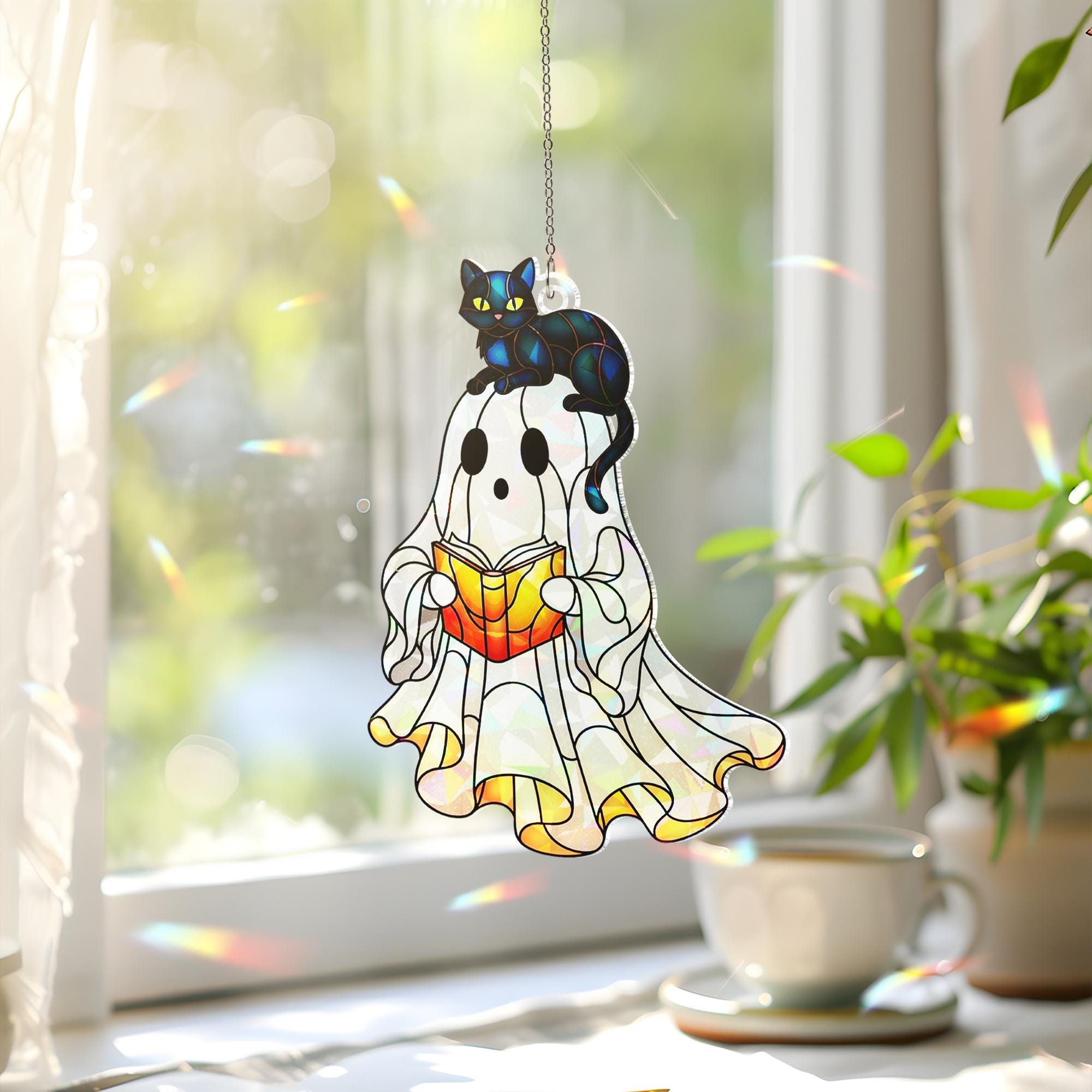 Ghost and Black Cat Acrylic Window Hanging, Holographic Suncatcher, Cute Halloween Decor, Cat Hanging Window Ornament