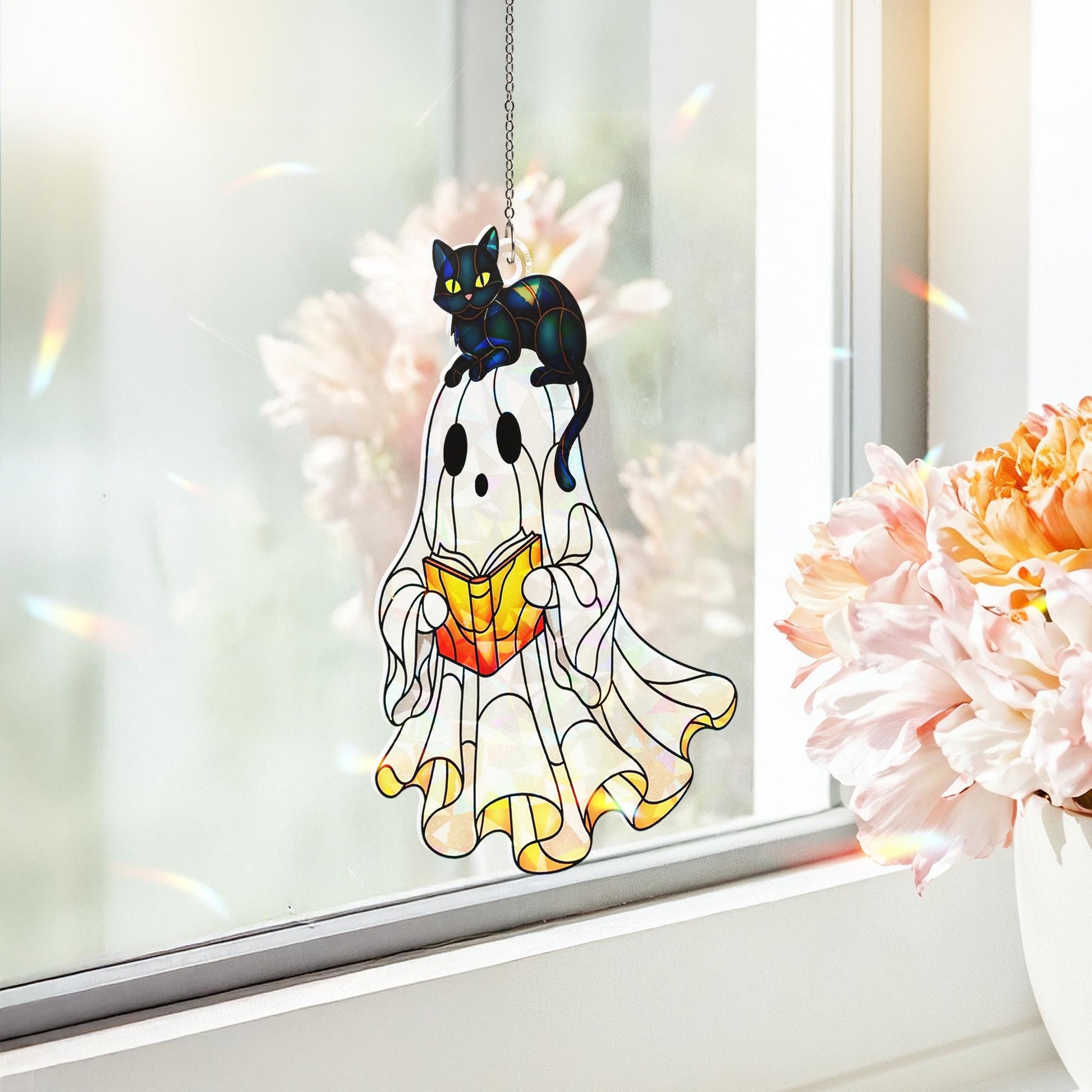 Ghost and Black Cat Acrylic Window Hanging, Holographic Suncatcher, Cute Halloween Decor, Cat Hanging Window Ornament