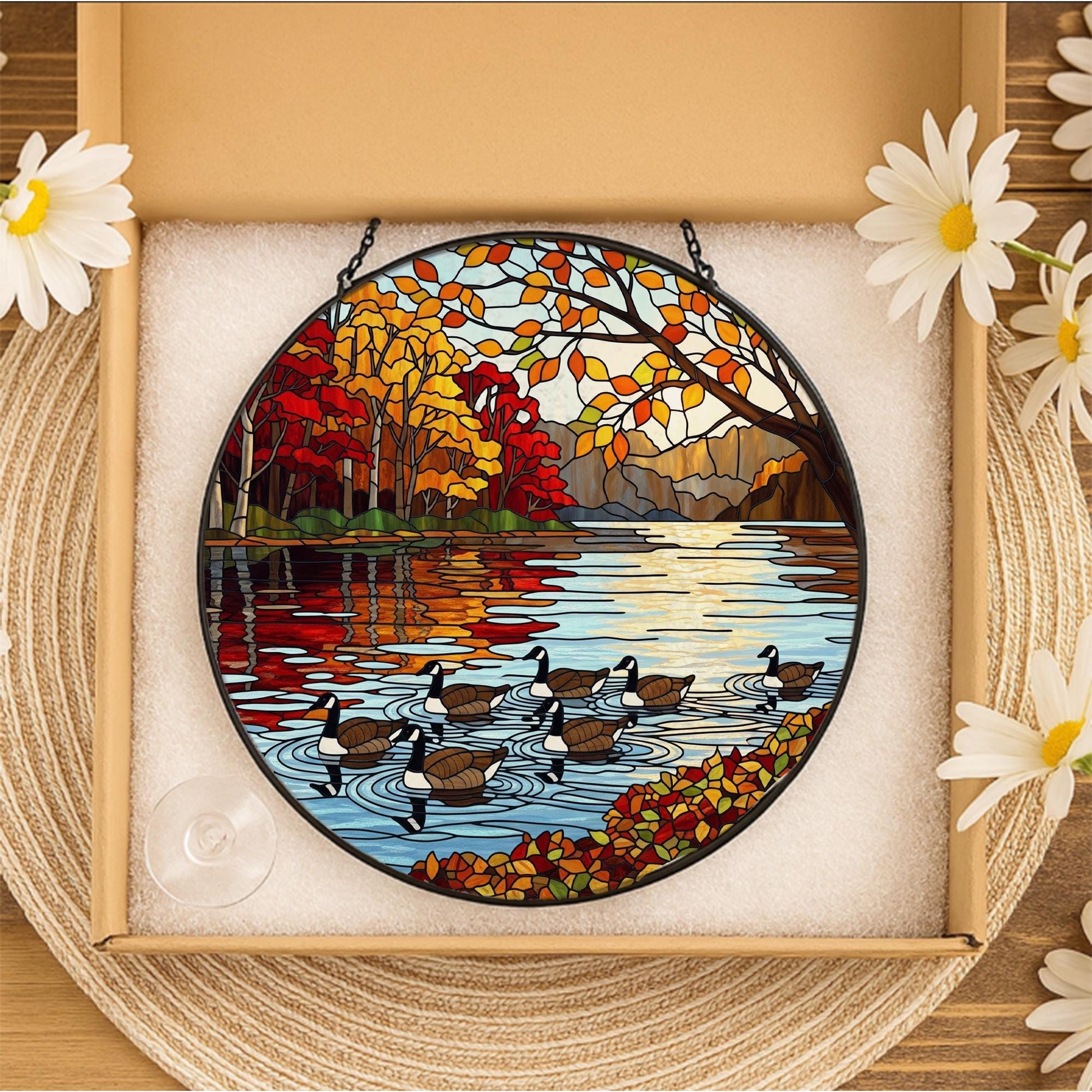 Autumn Lake Faux Stained Glass Suncatcher | Geese Window Hanging | Rustic Cabin Decor | Fall Leaves Country Home Accent