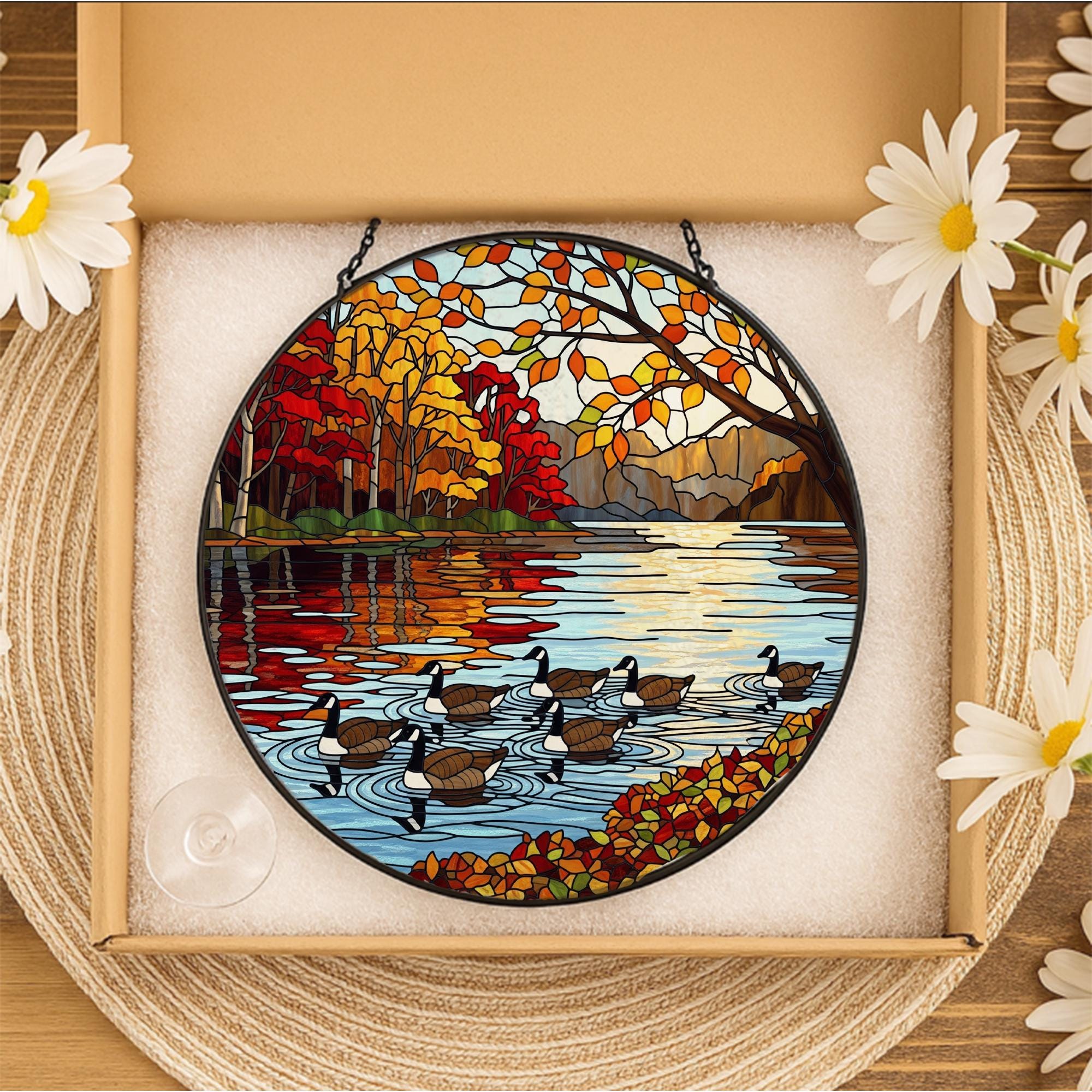 Autumn Lake Faux Stained Glass Suncatcher | Geese Window Hanging | Rustic Cabin Decor | Fall Leaves Country Home Accent