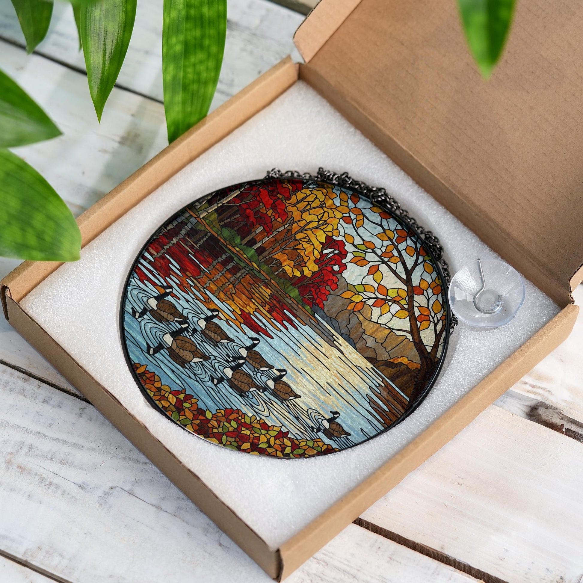 Autumn Lake Faux Stained Glass Suncatcher | Geese Window Hanging | Rustic Cabin Decor | Fall Leaves Country Home Accent