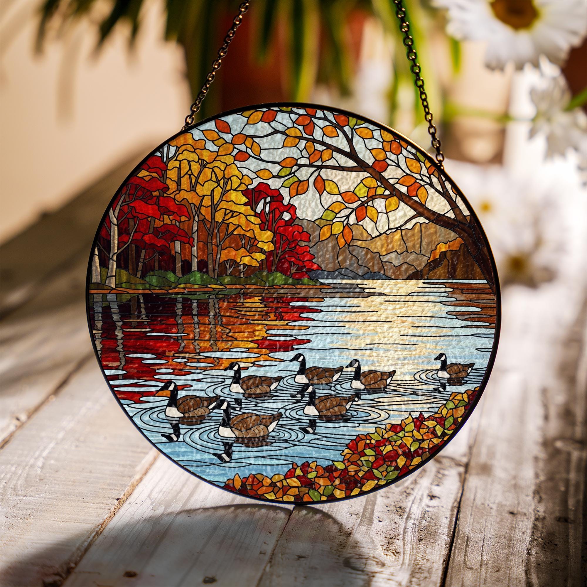 Autumn Lake Faux Stained Glass Suncatcher | Geese Window Hanging | Rustic Cabin Decor | Fall Leaves Country Home Accent