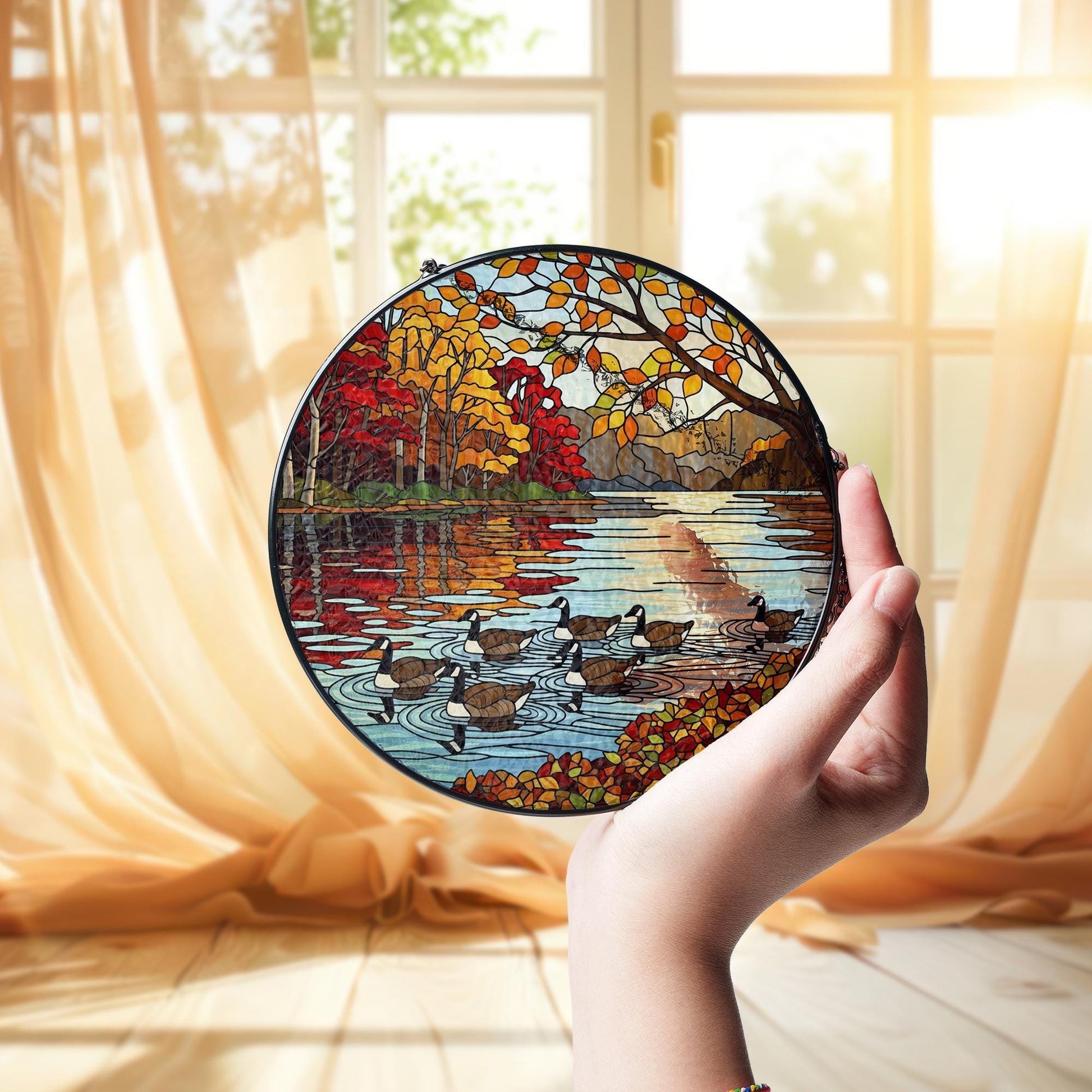Autumn Lake Faux Stained Glass Suncatcher | Geese Window Hanging | Rustic Cabin Decor | Fall Leaves Country Home Accent