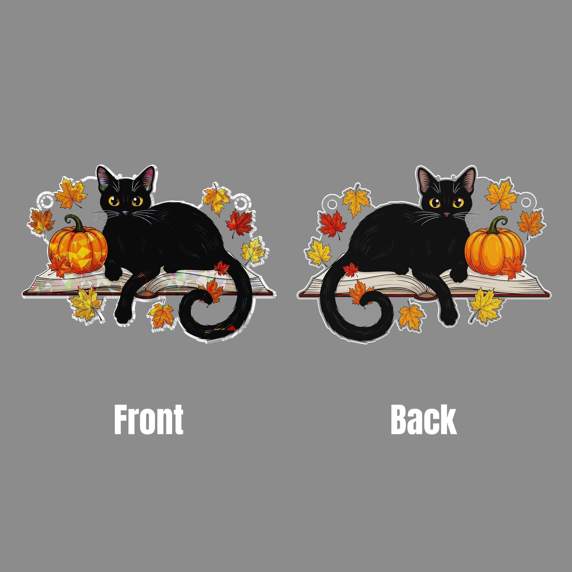 Black Cat Acrylic Window Hanging with Pumpkin, Autumn Leaves Holographic Suncatcher, Halloween Fall Window Decor Ornament