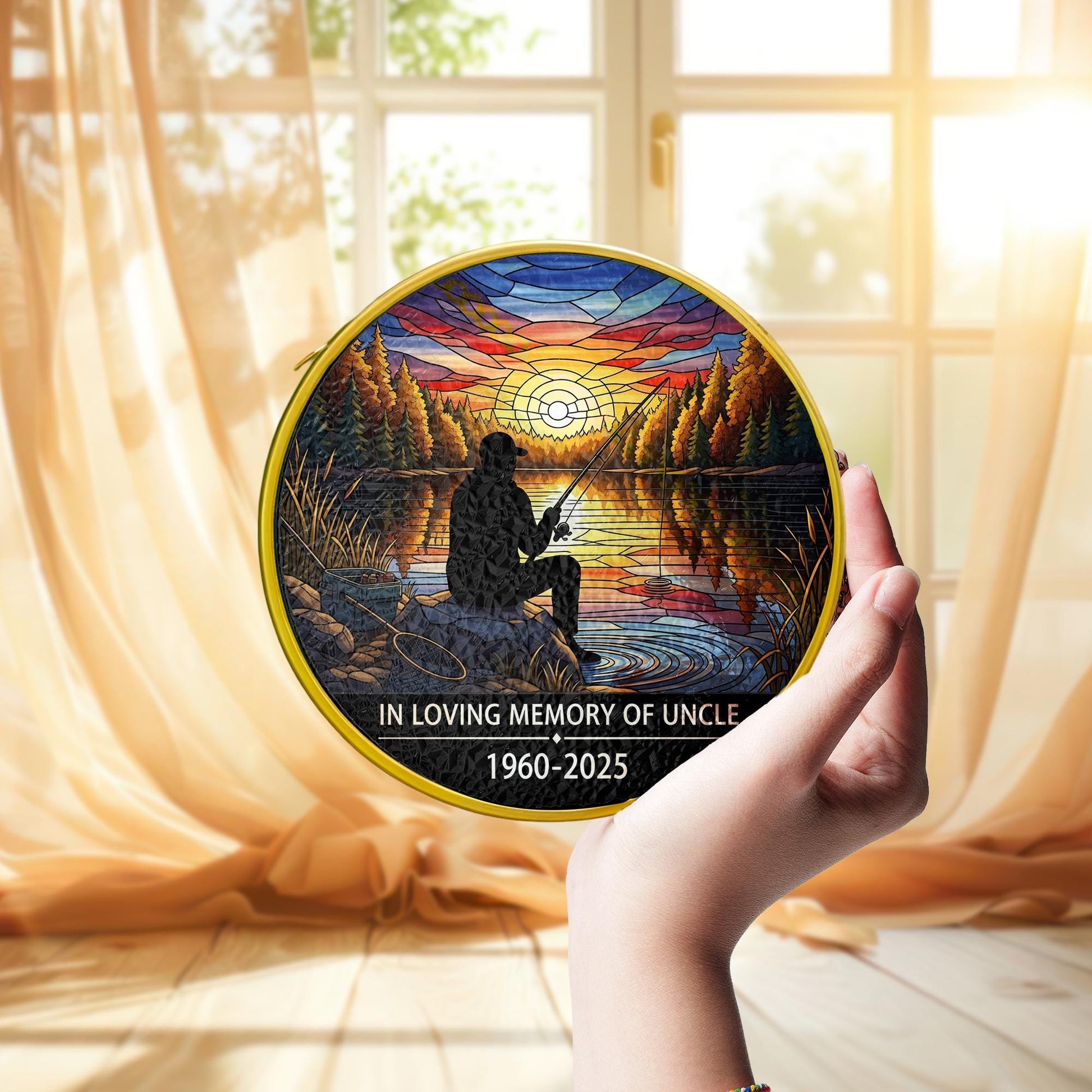 Fisherman Memorial Faux Stained Glass Suncatcher | Personalized Gold Frame Window Hanging | Sympathy Gift Fishing Sunset Decor