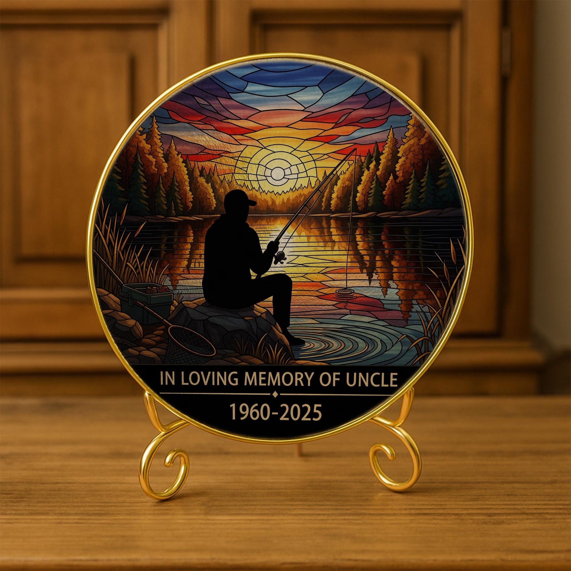 Fisherman Memorial Faux Stained Glass Suncatcher | Personalized Gold Frame Window Hanging | Sympathy Gift Fishing Sunset Decor