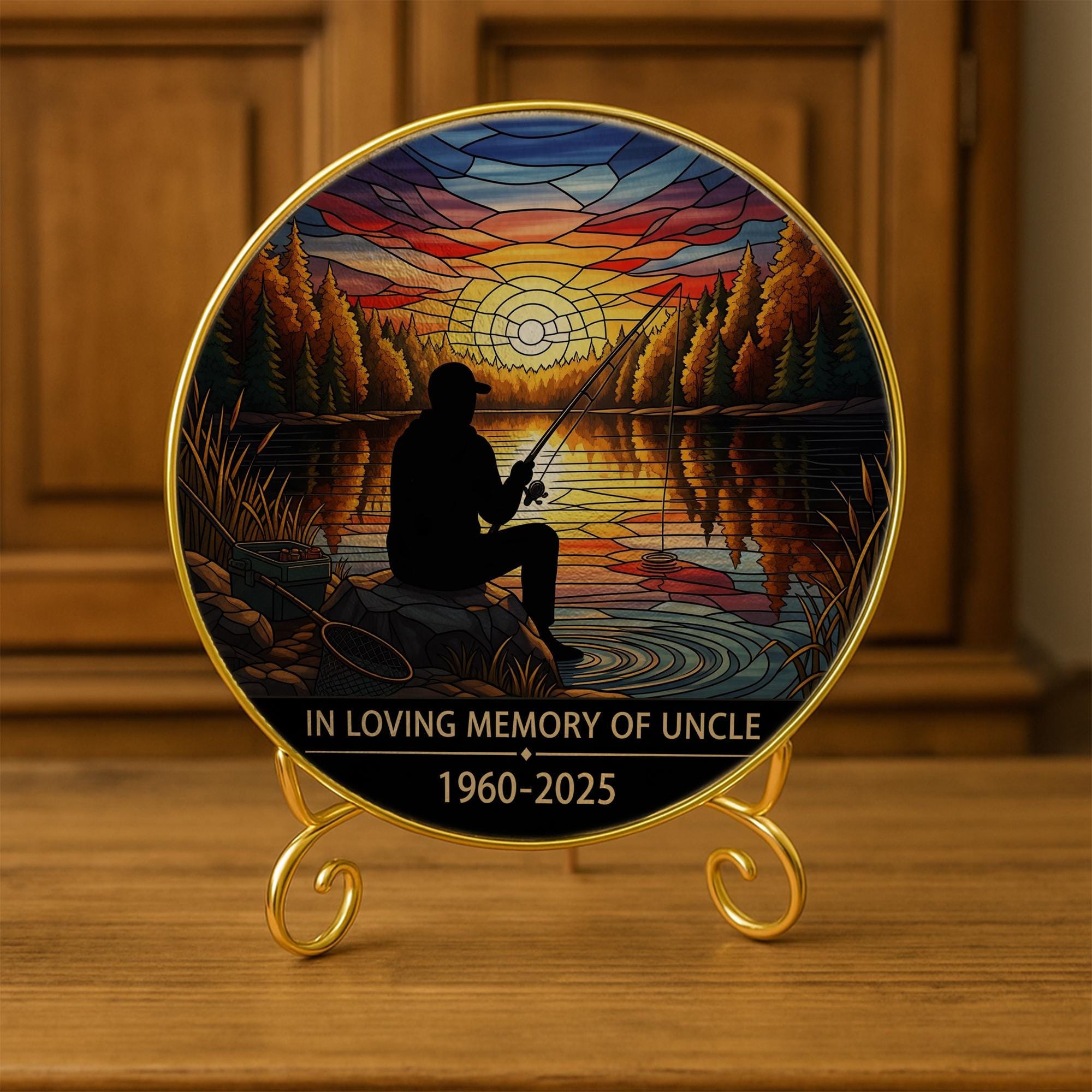 Fisherman Memorial Faux Stained Glass Suncatcher | Personalized Gold Frame Window Hanging | Sympathy Gift Fishing Sunset Decor