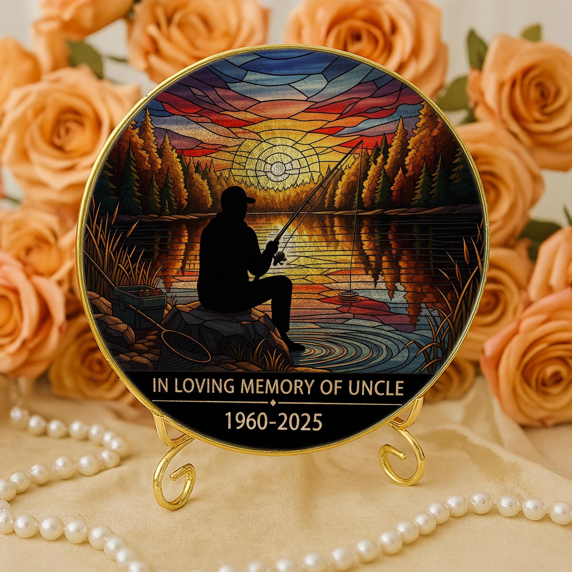 Fisherman Memorial Faux Stained Glass Suncatcher | Personalized Gold Frame Window Hanging | Sympathy Gift Fishing Sunset Decor