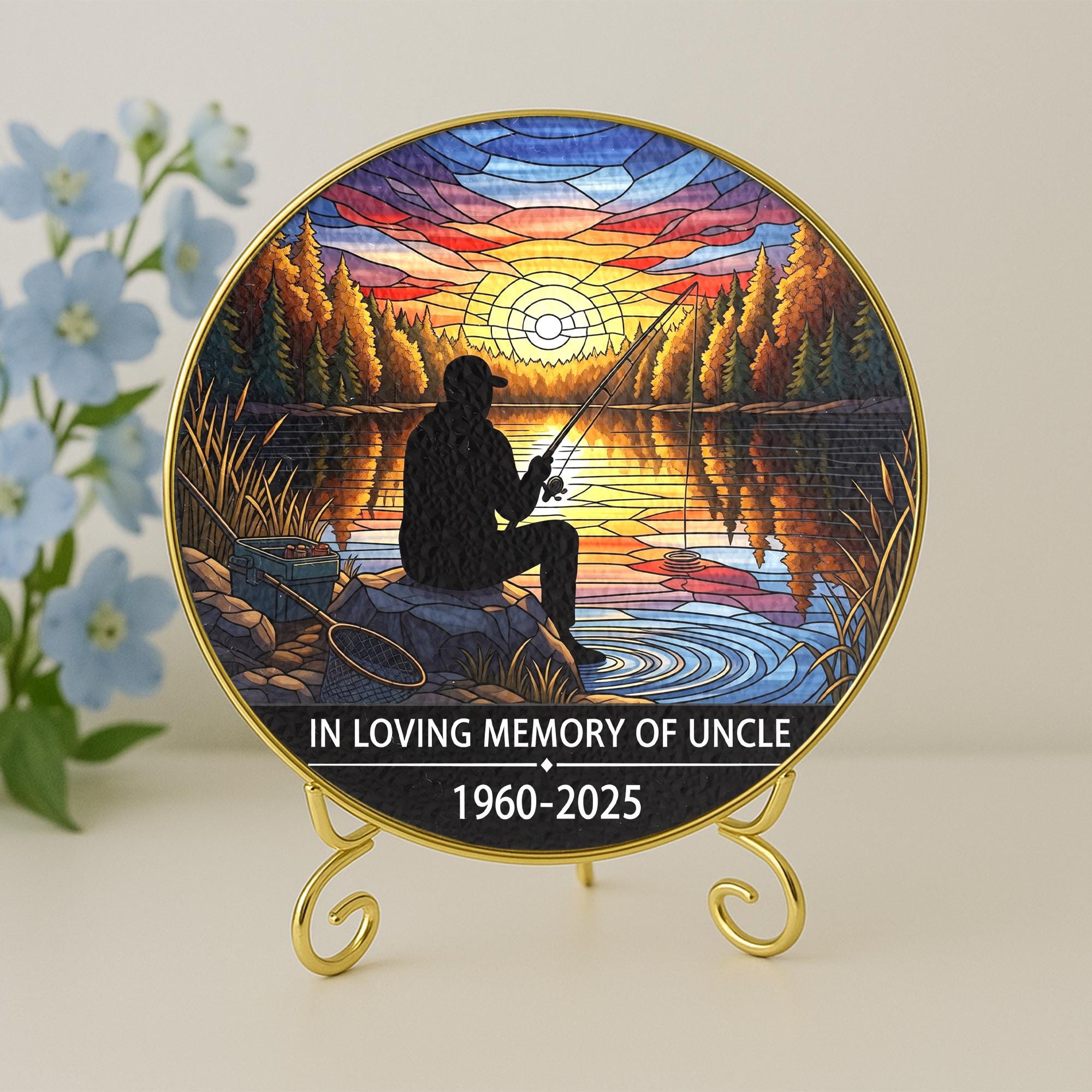 Fisherman Memorial Faux Stained Glass Suncatcher | Personalized Gold Frame Window Hanging | Sympathy Gift Fishing Sunset Decor