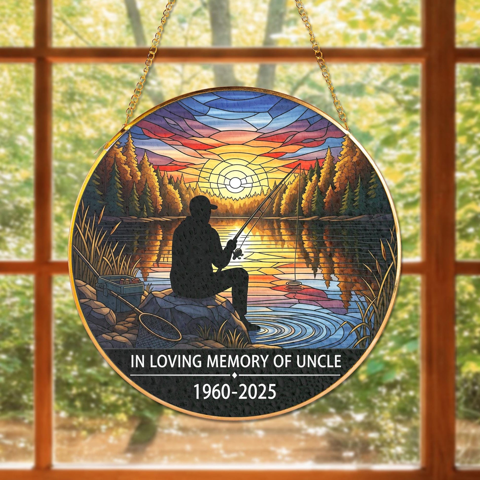 Fisherman Memorial Faux Stained Glass Suncatcher | Personalized Gold Frame Window Hanging | Sympathy Gift Fishing Sunset Decor
