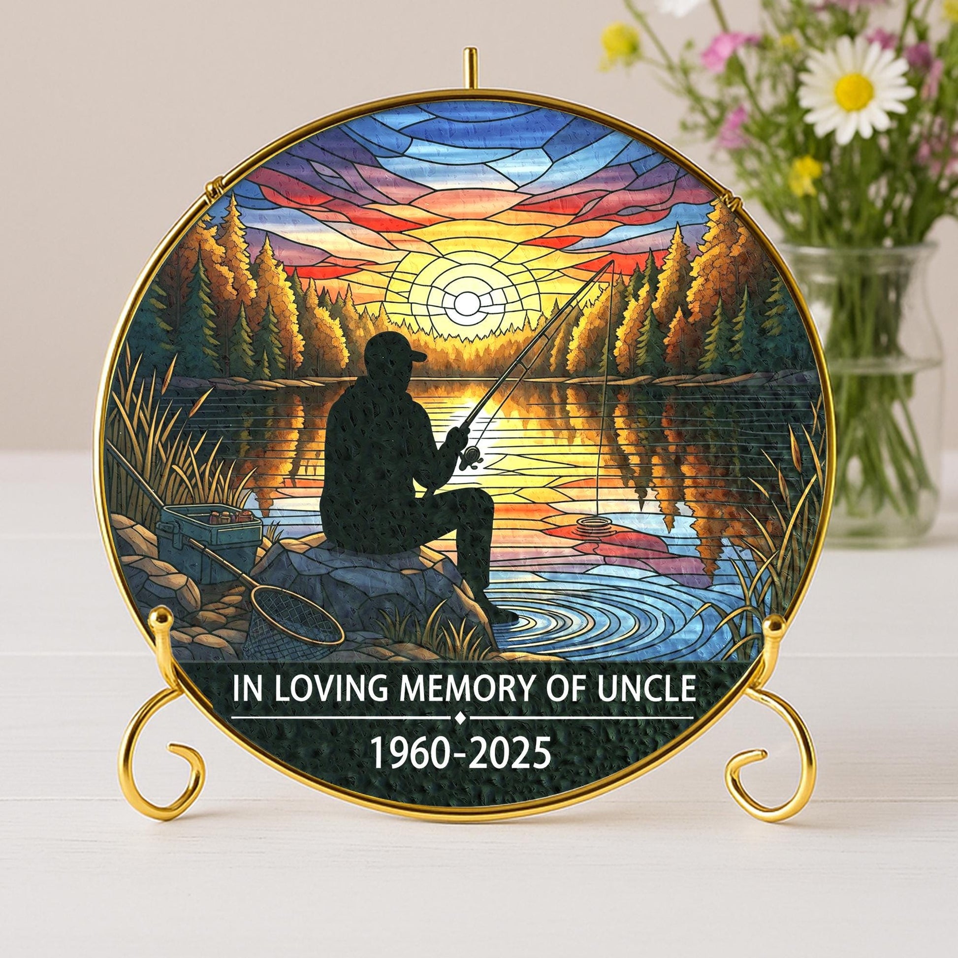 Fisherman Memorial Faux Stained Glass Suncatcher | Personalized Gold Frame Window Hanging | Sympathy Gift Fishing Sunset Decor