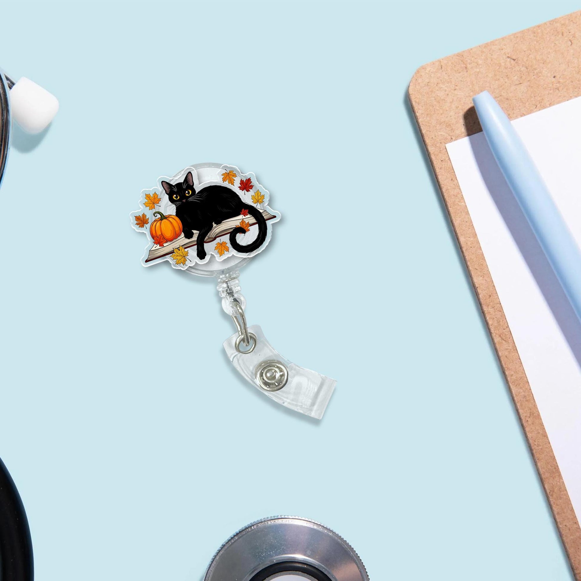 Black Cat Badge Reel with Pumpkin and Autumn Leaves, Cute Nurse ID Holder, Fall Halloween Retractable Badge Clip