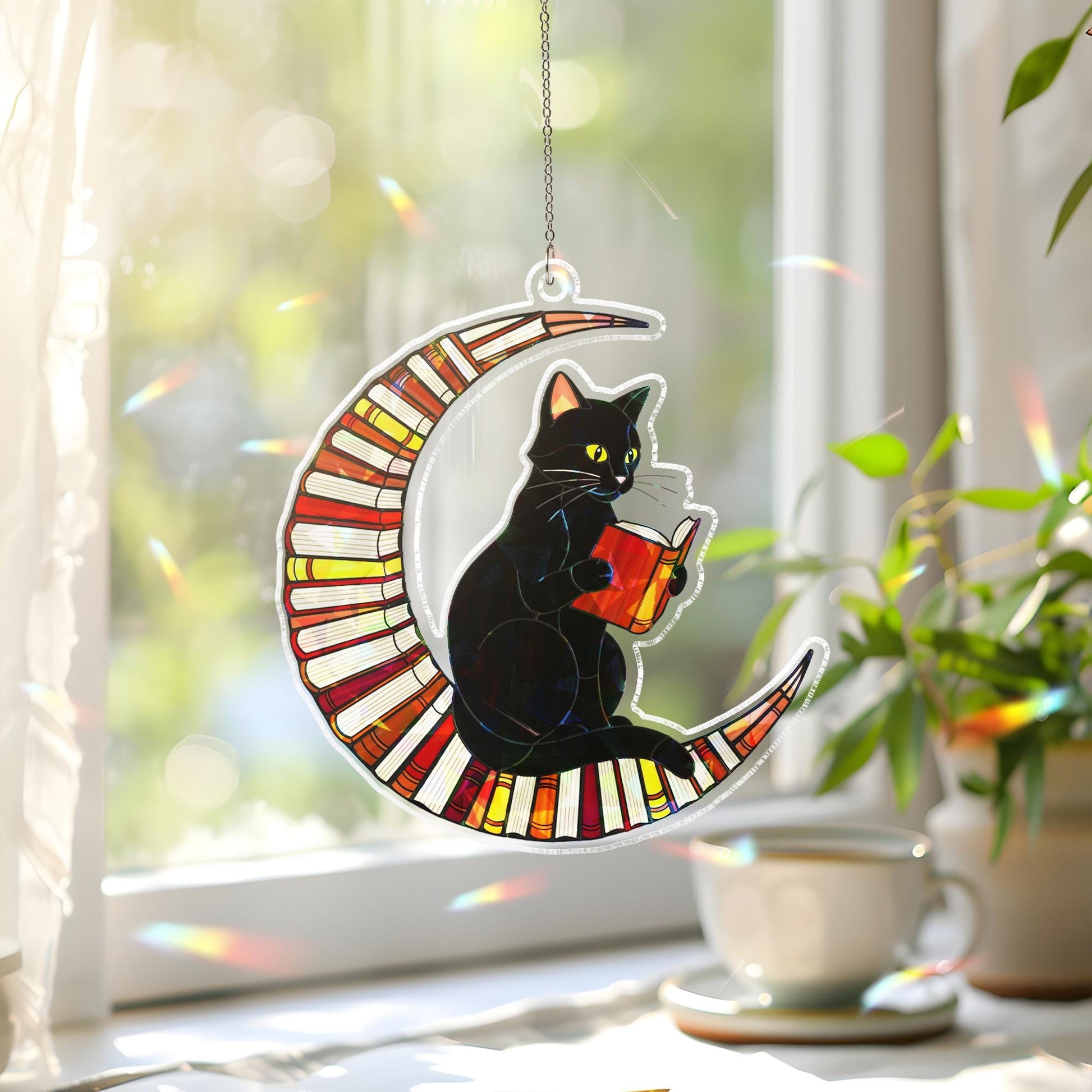 Black Cat on Crescent Moon Acrylic Window Hanging, Holographic Suncatcher, Halloween Gothic Decor, Stained Glass Style Ornament