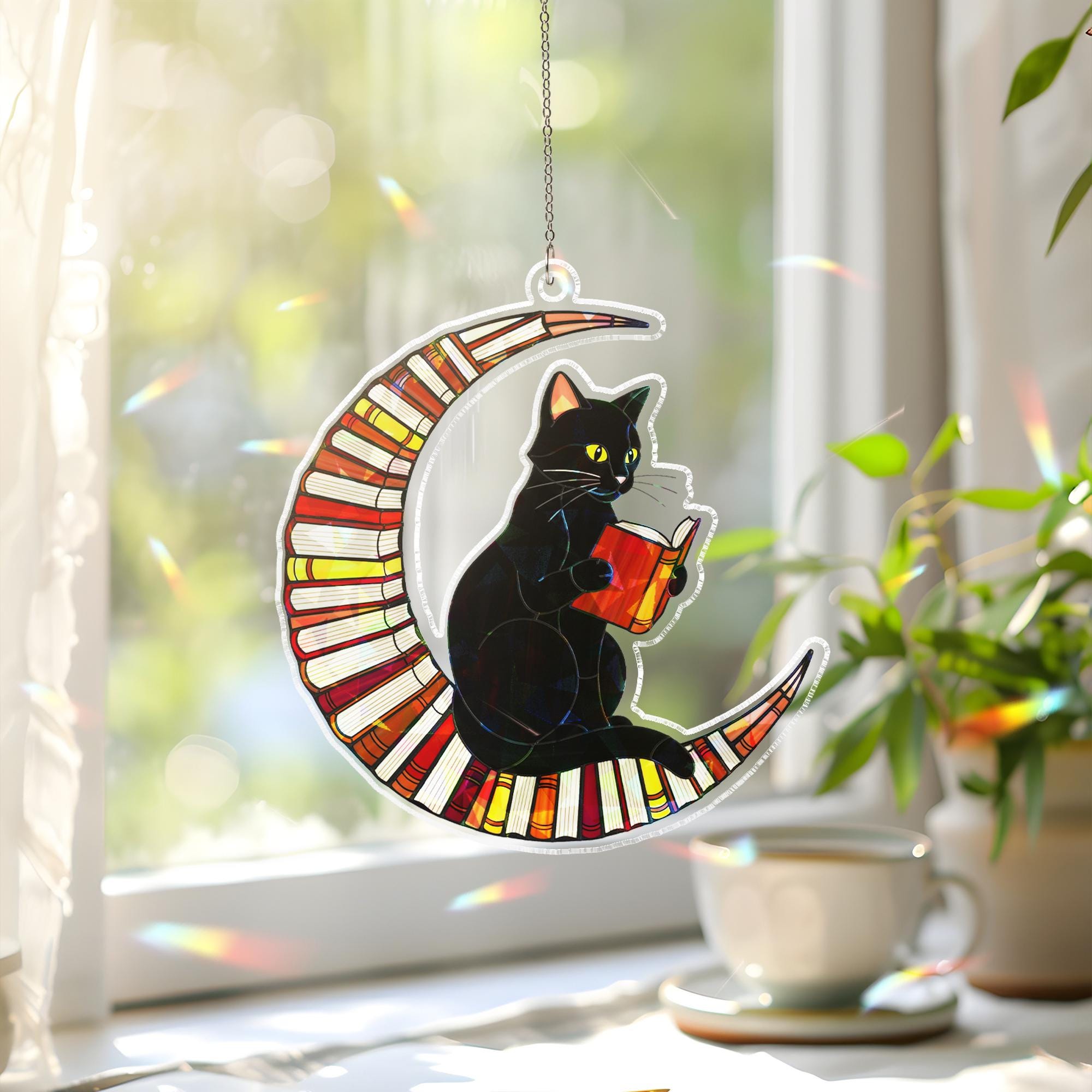 Black Cat on Crescent Moon Acrylic Window Hanging, Holographic Suncatcher, Halloween Gothic Decor, Stained Glass Style Ornament