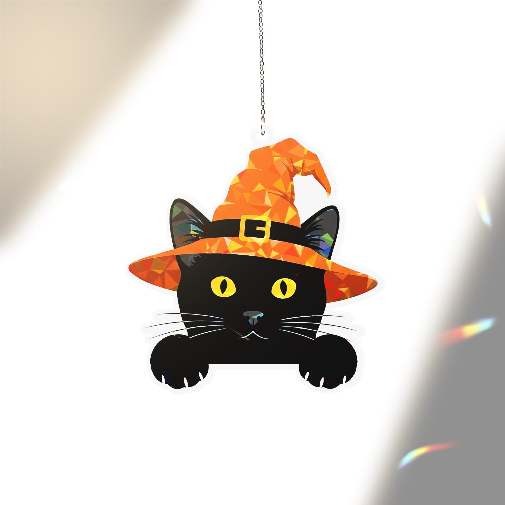 Black Cat with Witch Hat Acrylic Window Hanging, Holographic Halloween Suncatcher, Cute Spooky, Black Cat Decor