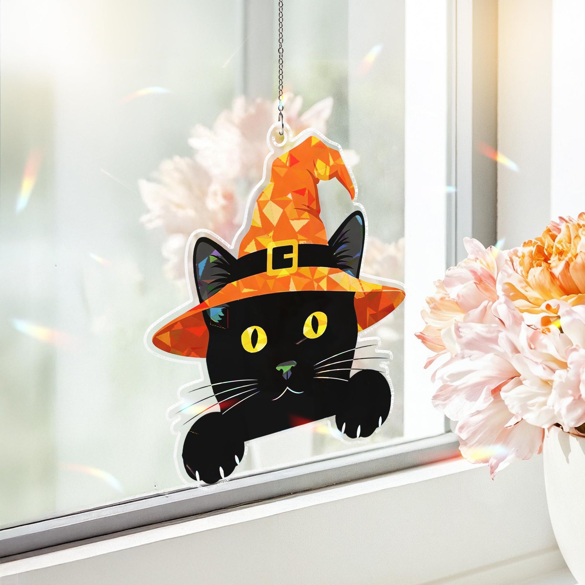 Black Cat with Witch Hat Acrylic Window Hanging, Holographic Halloween Suncatcher, Cute Spooky, Black Cat Decor