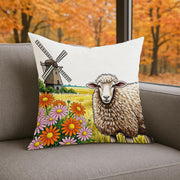 Farmhouse Sheep Decorative Pillow | Rustic Windmill Throw Pillow with Flowers | Country Cottage Living Room Farmhouse Decor