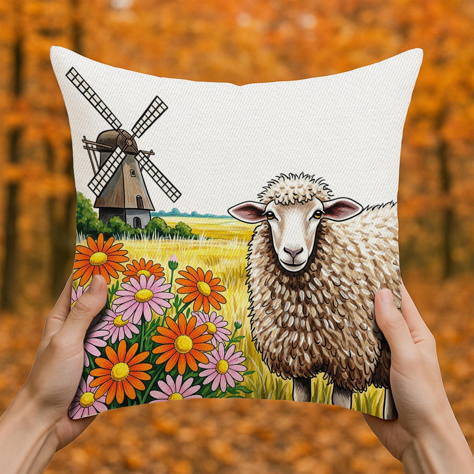 Farmhouse Sheep Decorative Pillow | Rustic Windmill Throw Pillow with Flowers | Country Cottage Living Room Farmhouse Decor