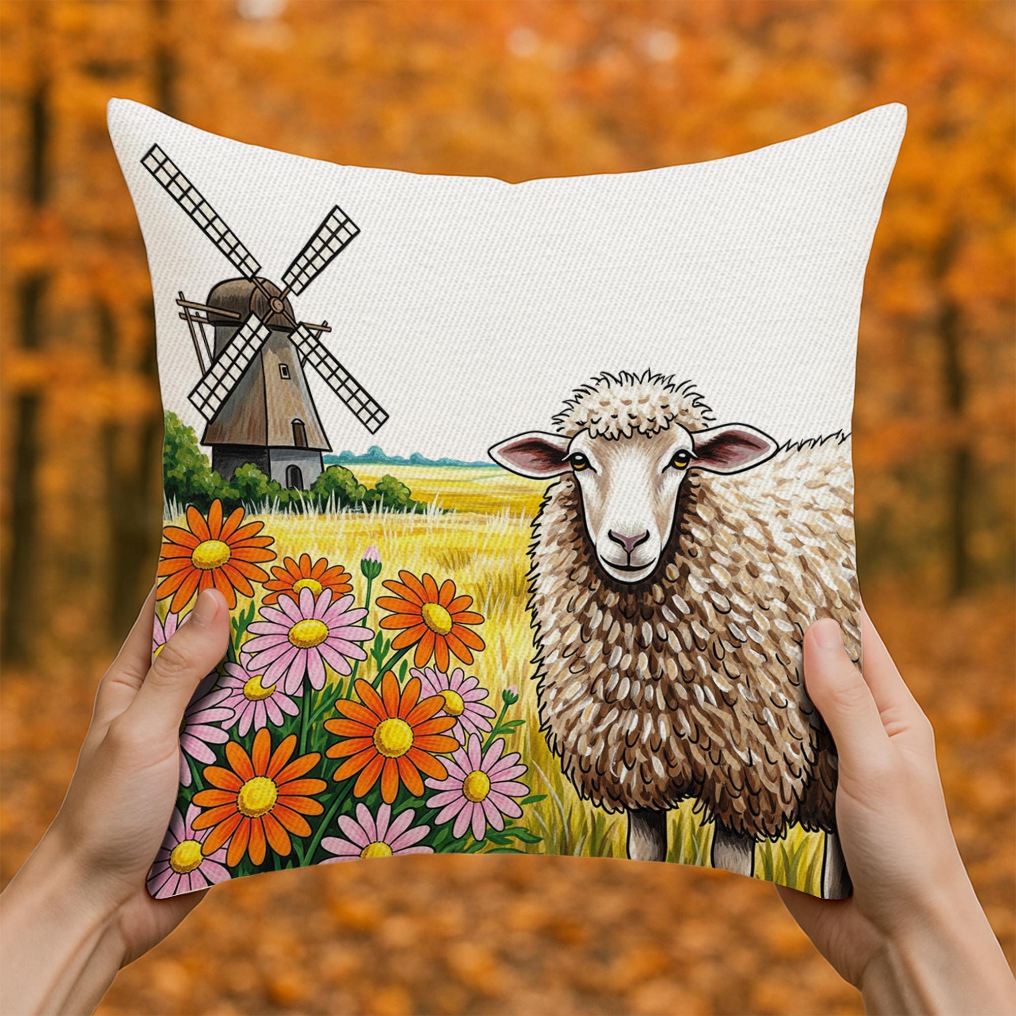 Farmhouse Sheep Decorative Pillow | Rustic Windmill Throw Pillow with Flowers | Country Cottage Living Room Farmhouse Decor