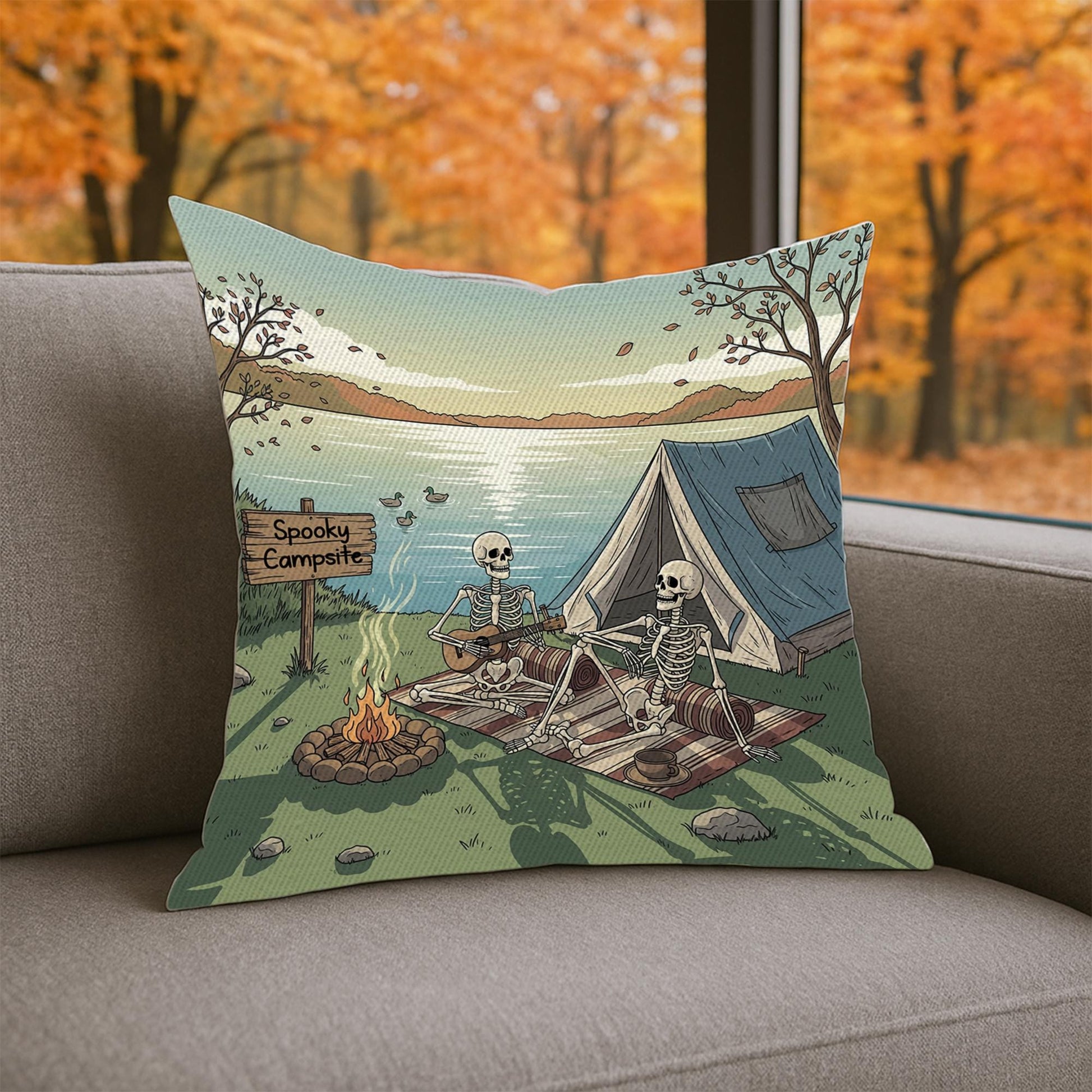 Halloween Skeleton Camping Pillow | Spooky Campsite Throw Pillow | Gothic Rustic Cabin Decor | Skeleton Campfire Cushion