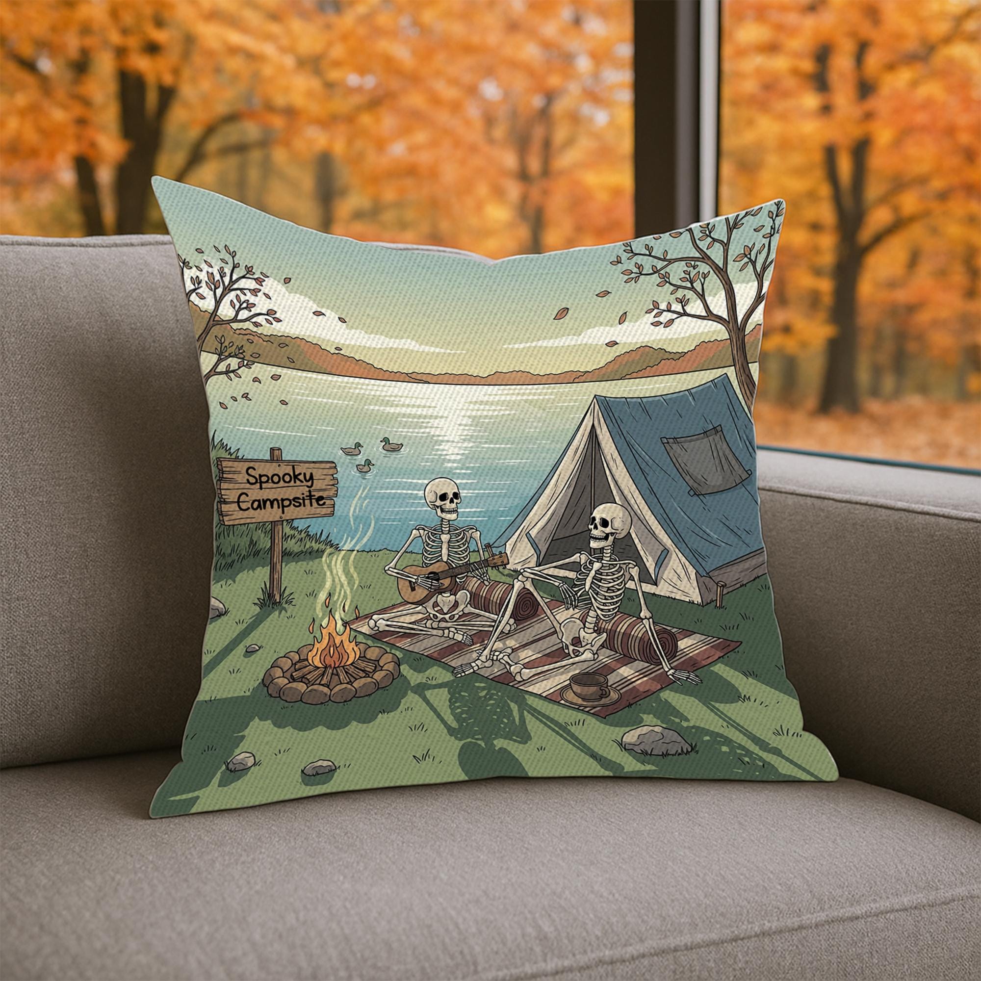 Halloween Skeleton Camping Pillow | Spooky Campsite Throw Pillow | Gothic Rustic Cabin Decor | Skeleton Campfire Cushion