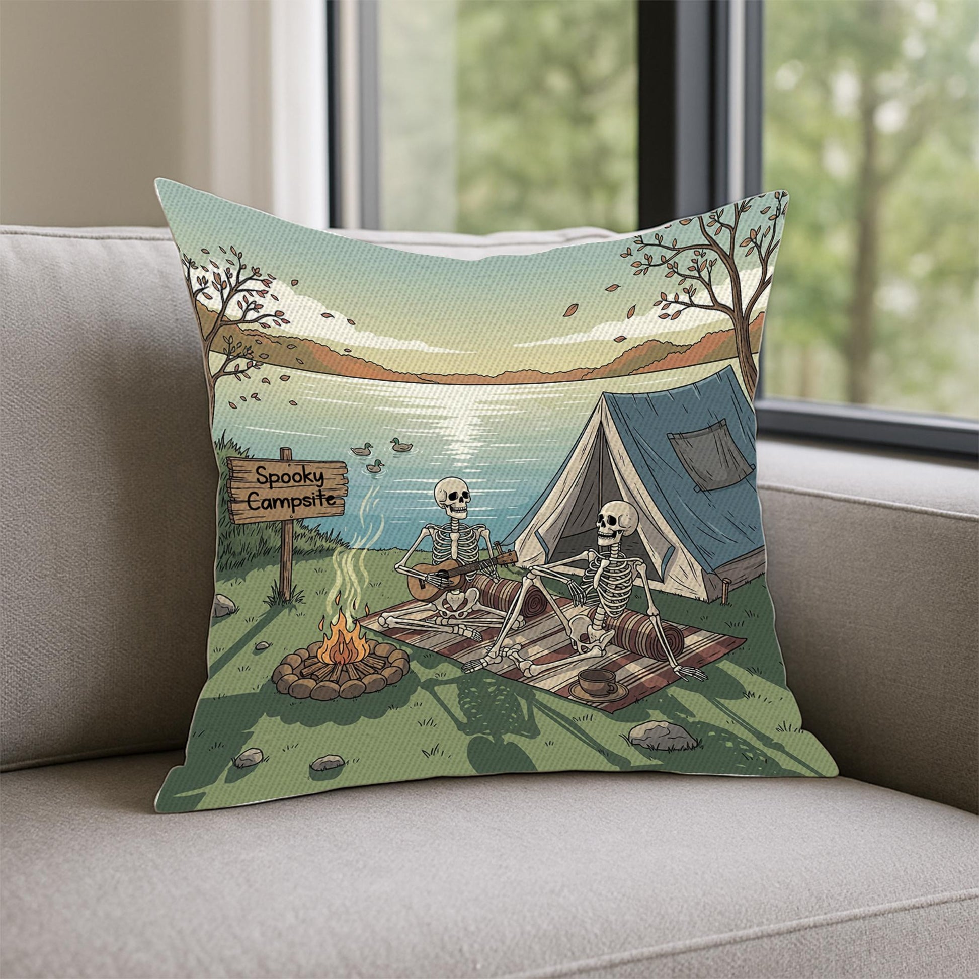 Halloween Skeleton Camping Pillow | Spooky Campsite Throw Pillow | Gothic Rustic Cabin Decor | Skeleton Campfire Cushion