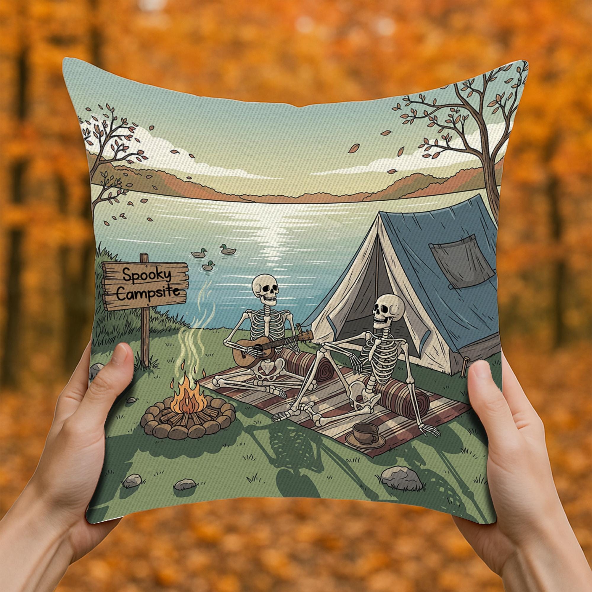 Halloween Skeleton Camping Pillow | Spooky Campsite Throw Pillow | Gothic Rustic Cabin Decor | Skeleton Campfire Cushion