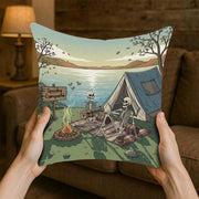 Halloween Skeleton Camping Pillow | Spooky Campsite Throw Pillow | Gothic Rustic Cabin Decor | Skeleton Campfire Cushion