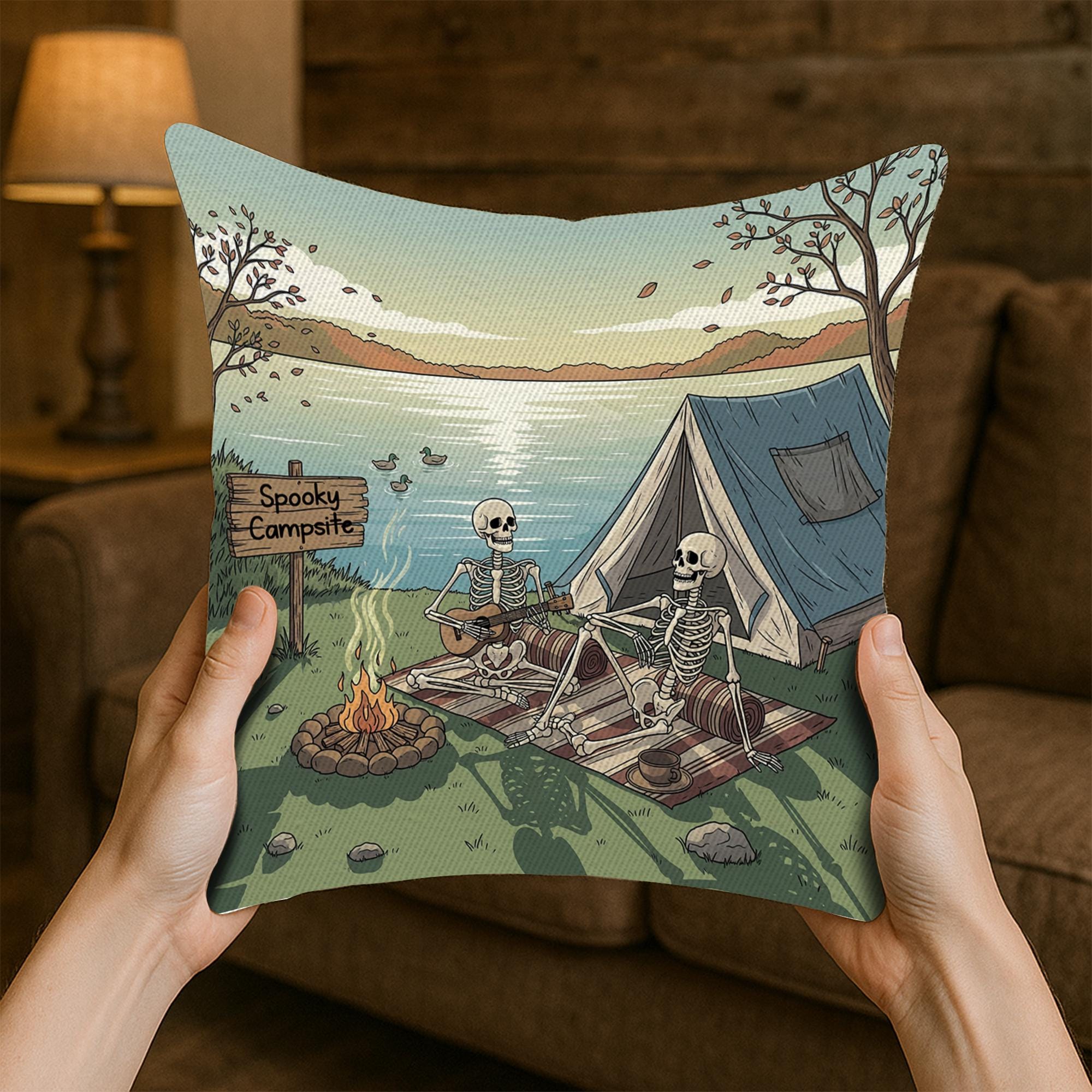 Halloween Skeleton Camping Pillow | Spooky Campsite Throw Pillow | Gothic Rustic Cabin Decor | Skeleton Campfire Cushion