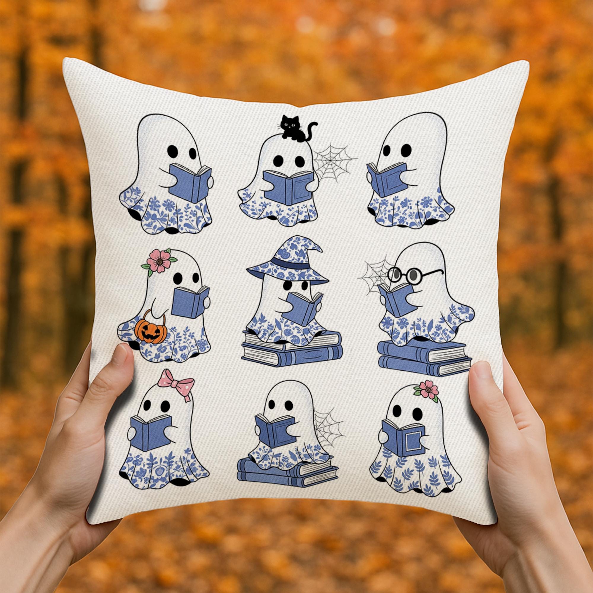 Cute Ghost Reading Pillow | Halloween Throw Pillow with Books | Spooky Book Lover Cushion | Gothic Fall Home Decor Gift