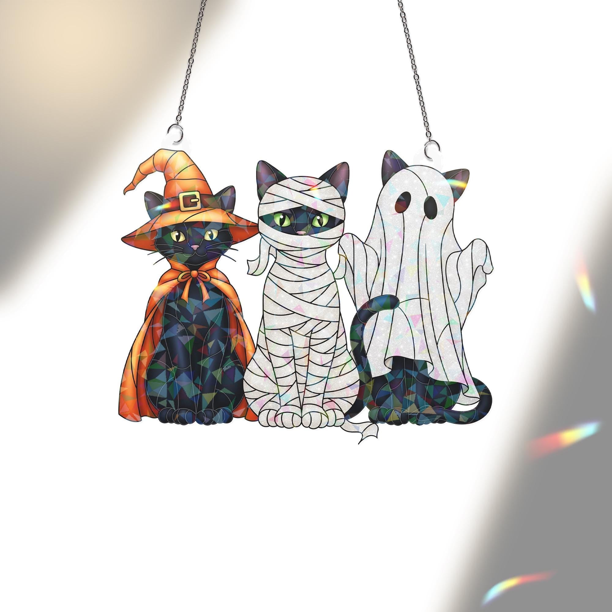 Halloween Cat Acrylic Window Hanging, Witch Mummy Ghost Black Cat Holographic Suncatcher, Spooky Style Decor, Acrylic Suncatcher