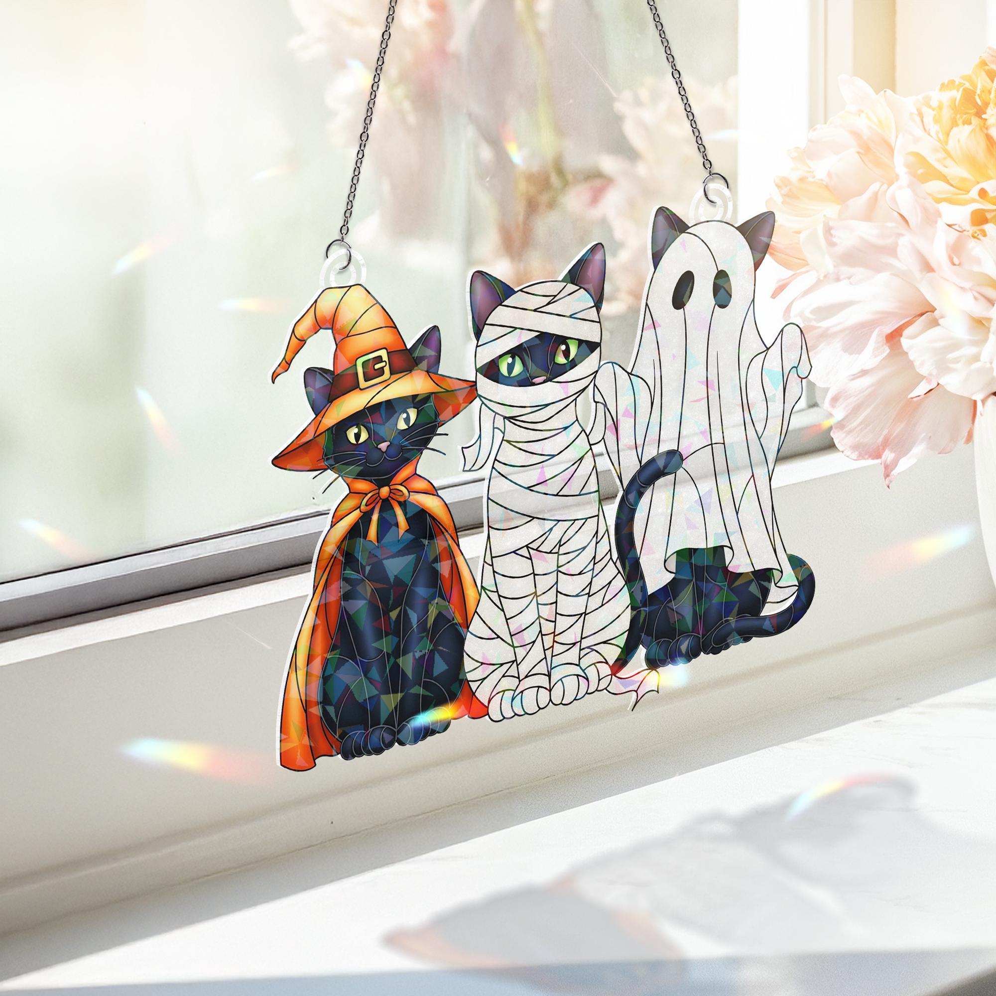 Halloween Cat Acrylic Window Hanging, Witch Mummy Ghost Black Cat Holographic Suncatcher, Spooky Style Decor, Acrylic Suncatcher