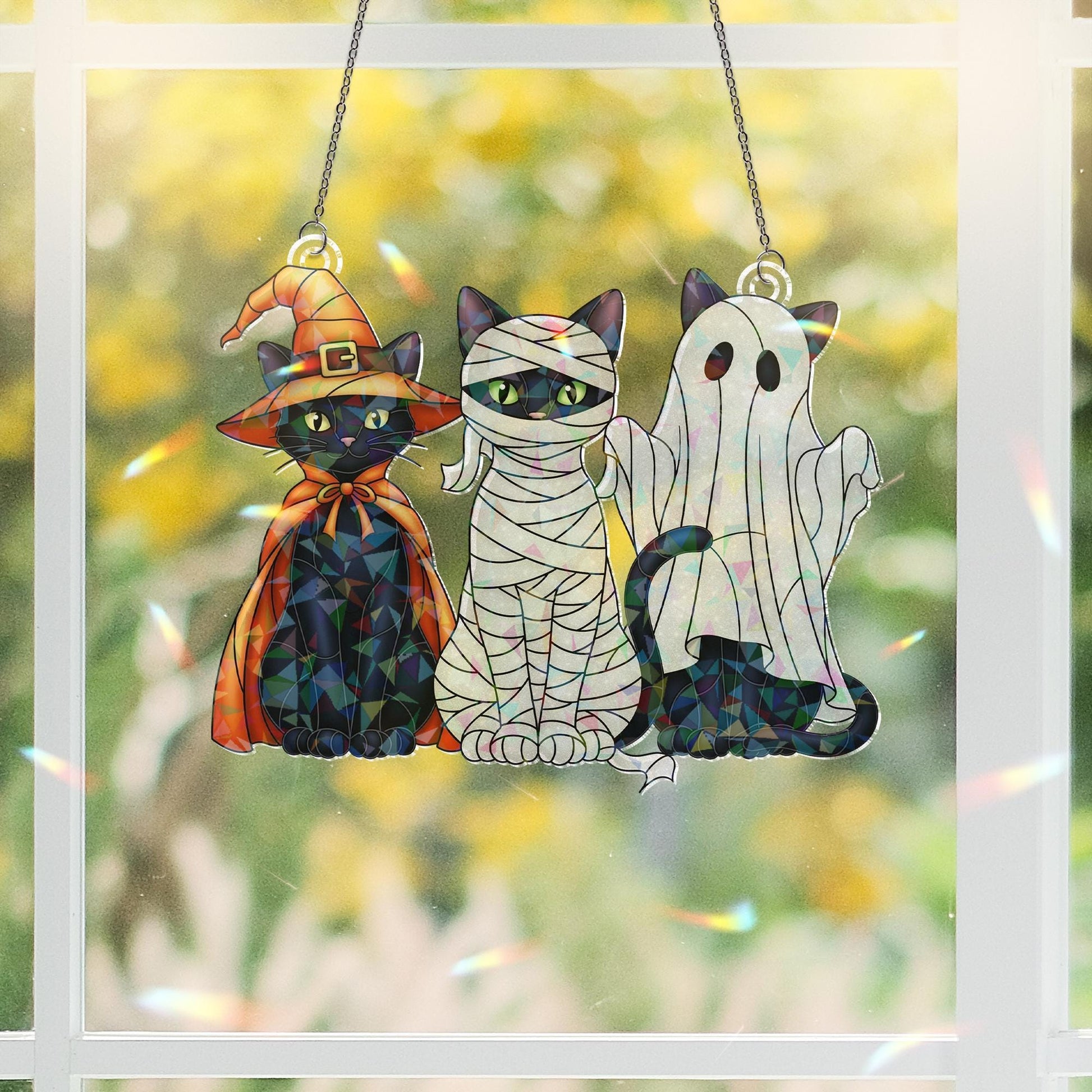 Halloween Cat Acrylic Window Hanging, Witch Mummy Ghost Black Cat Holographic Suncatcher, Spooky Style Decor, Acrylic Suncatcher