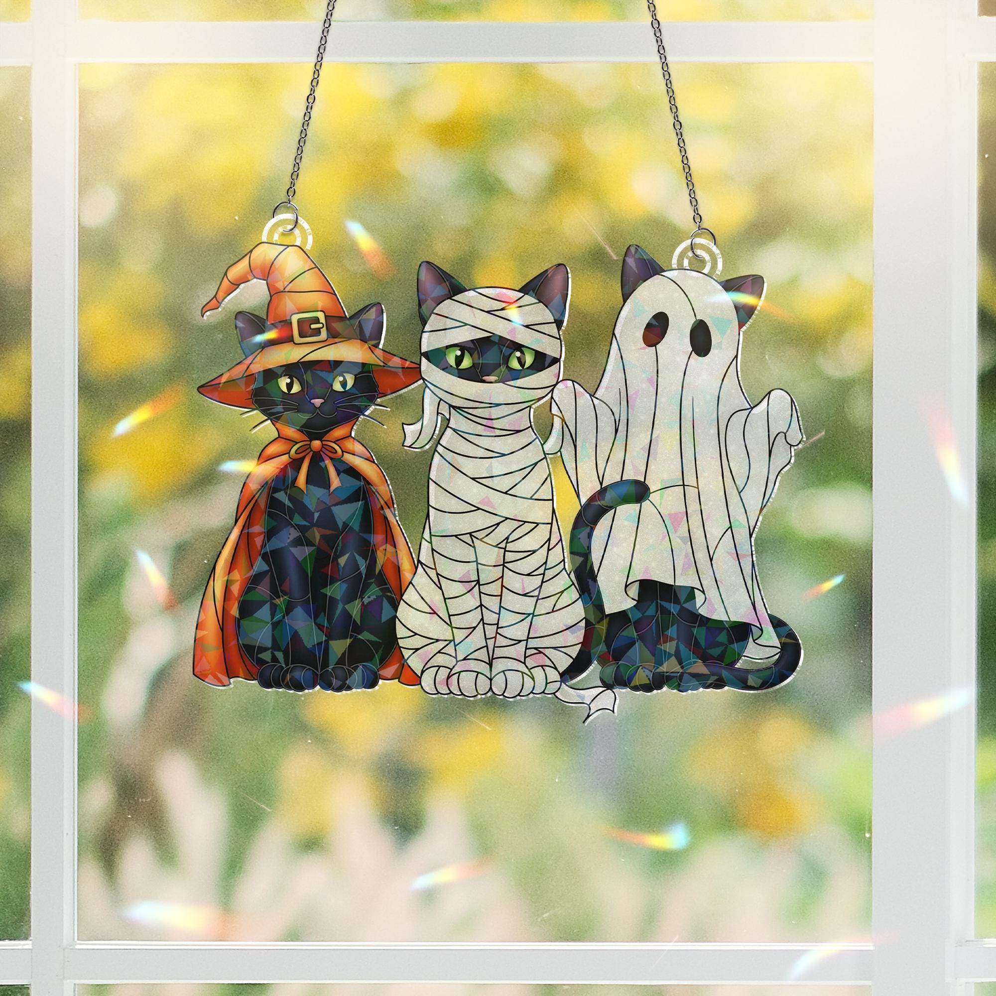 Halloween Cat Acrylic Window Hanging, Witch Mummy Ghost Black Cat Holographic Suncatcher, Spooky Style Decor, Acrylic Suncatcher
