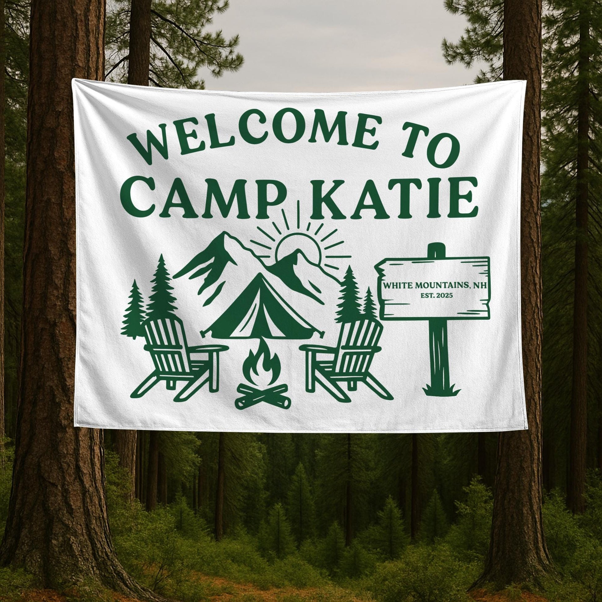 Personalized Camp Welcome Tapestry, Custom Name Banner, Mountain Bachelorette Party Decor, Camping Theme Wall Hanging, Family Reunion Gift
