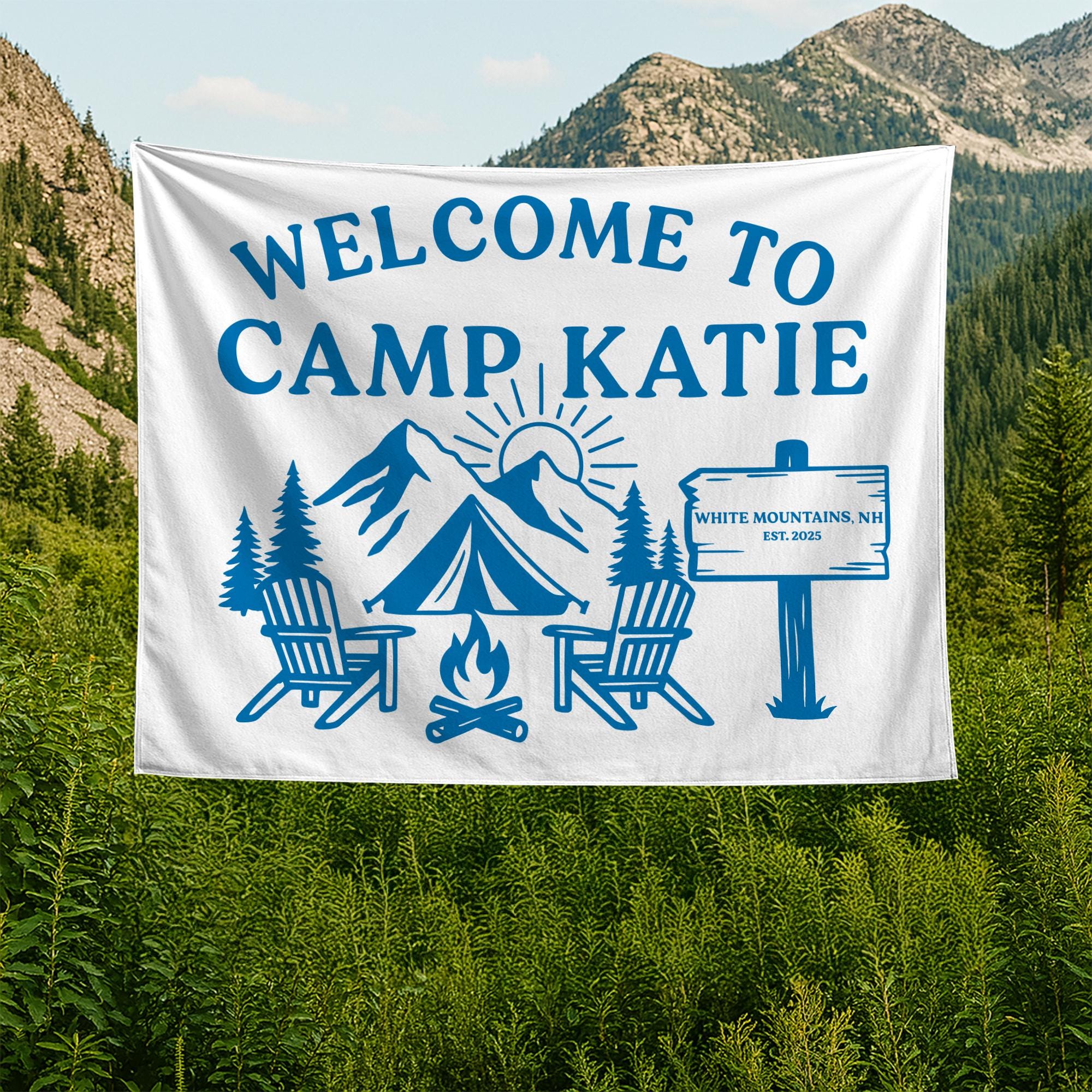 Personalized Camp Welcome Tapestry, Custom Name Banner, Mountain Bachelorette Party Decor, Camping Theme Wall Hanging, Family Reunion Gift