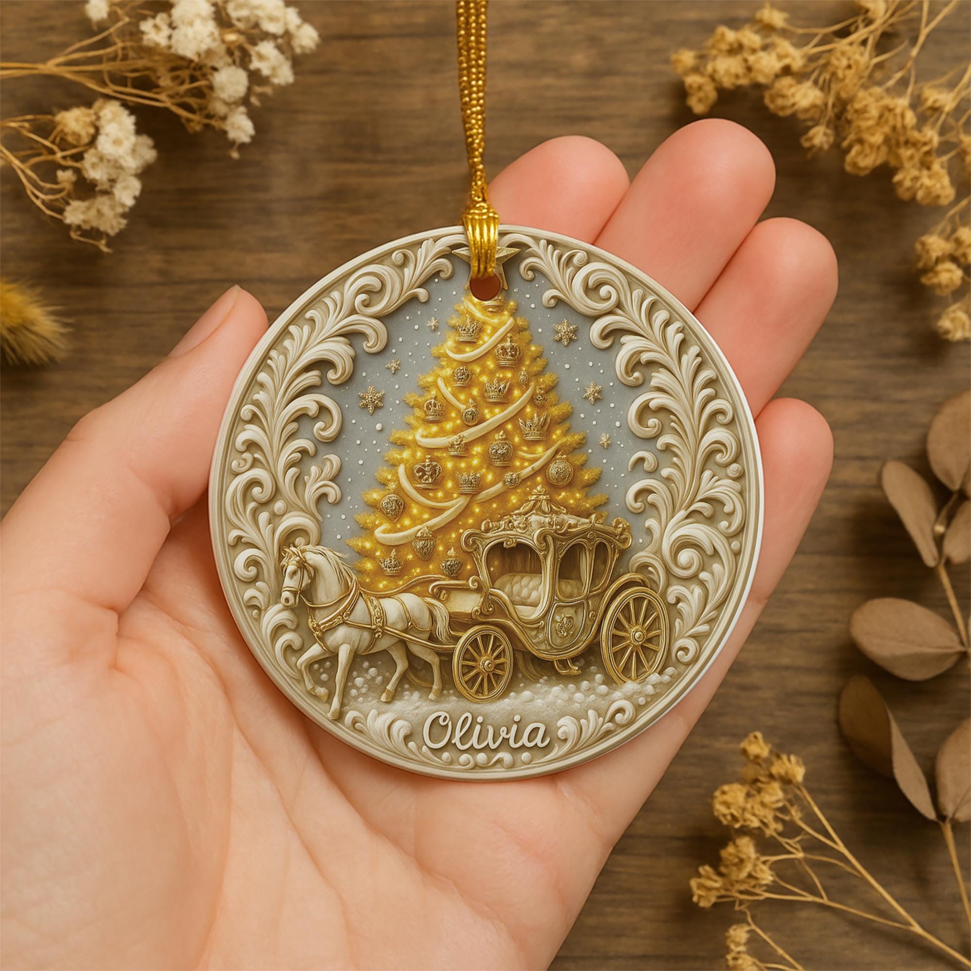 Personalized Princess Carriage Christmas Ornament – Custom Name Holiday Keepsake with Golden Tree, Fairytale Ornament Gift