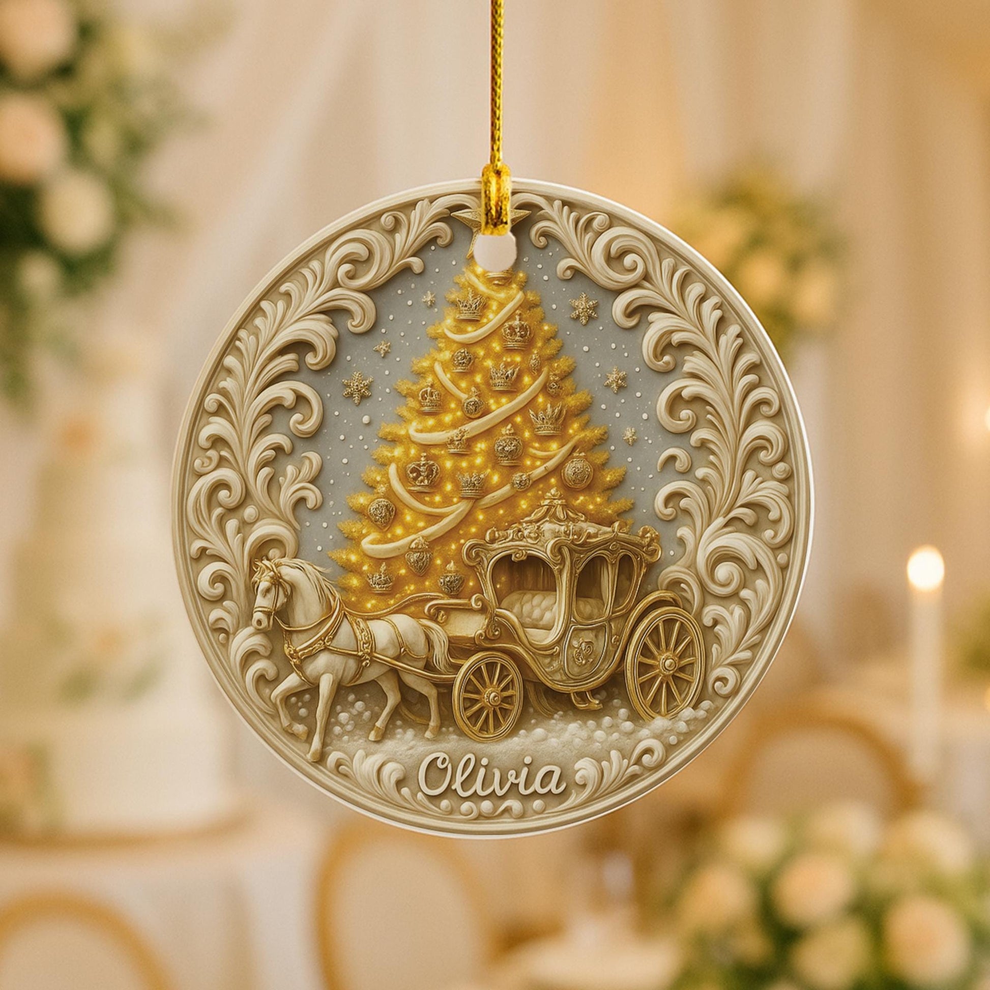 Personalized Princess Carriage Christmas Ornament – Custom Name Holiday Keepsake with Golden Tree, Fairytale Ornament Gift