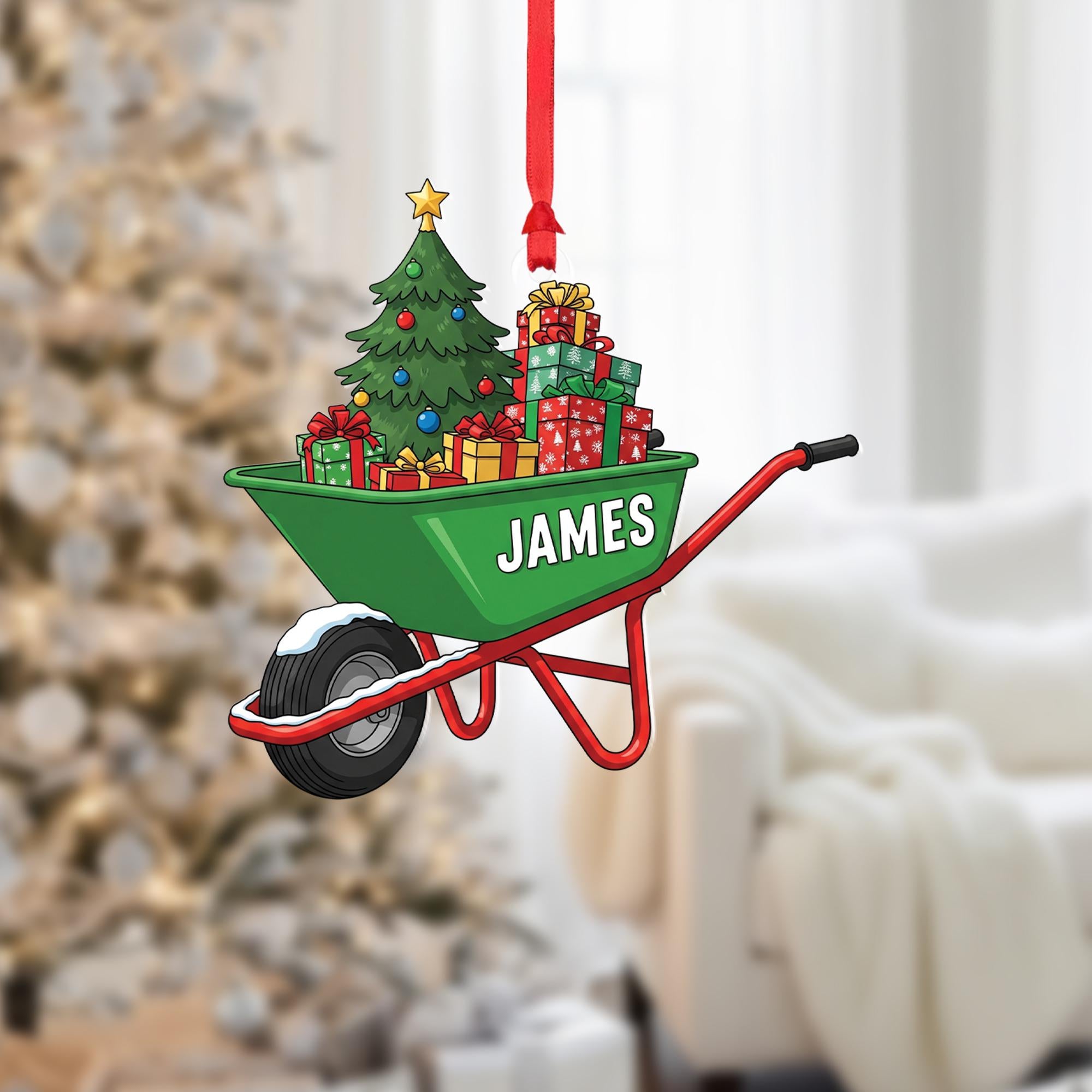 Personalized Wheelbarrow Christmas Ornament – Custom Name Holiday Gift with Tree & Presents, Unique Christmas Keepsake