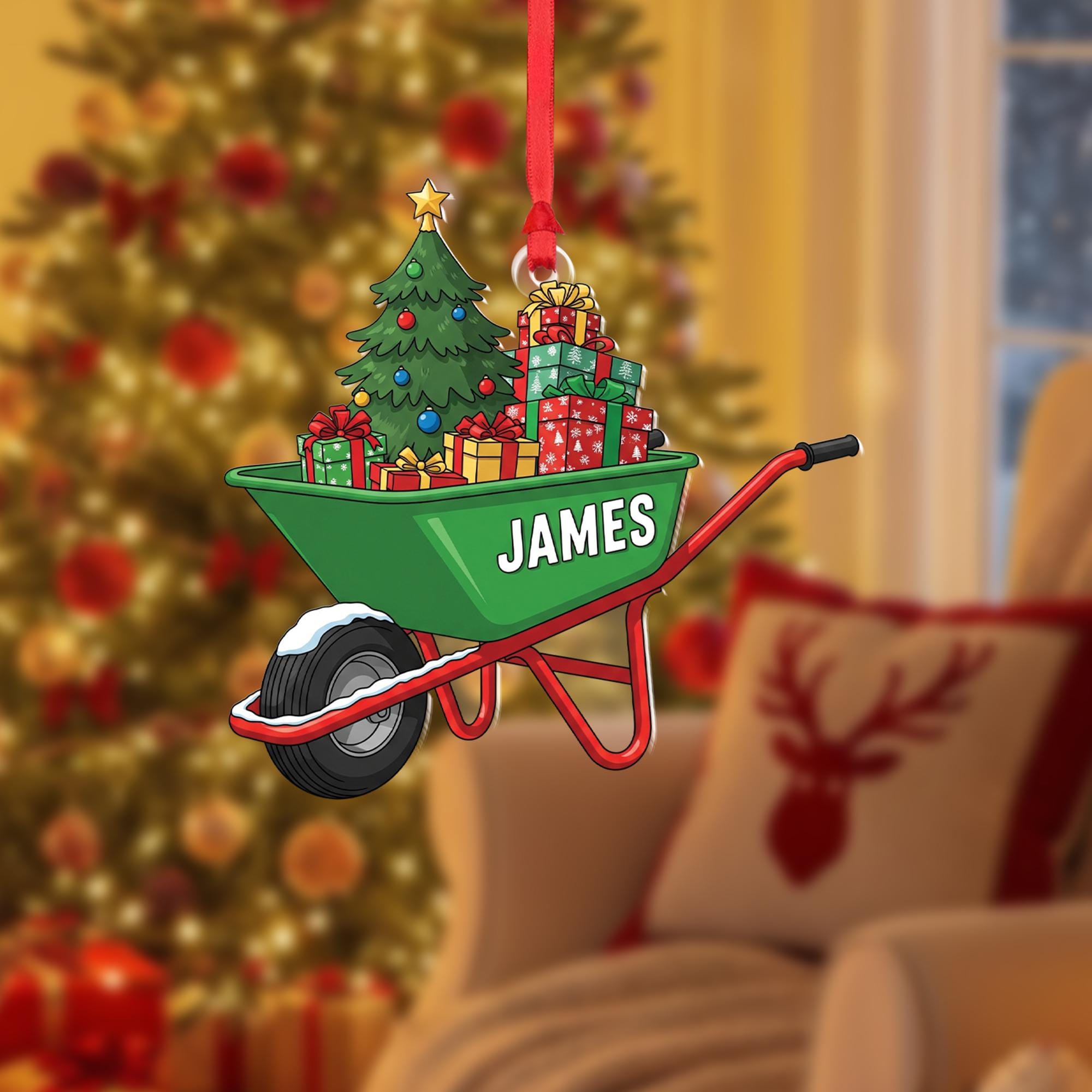 Personalized Wheelbarrow Christmas Ornament – Custom Name Holiday Gift with Tree & Presents, Unique Christmas Keepsake
