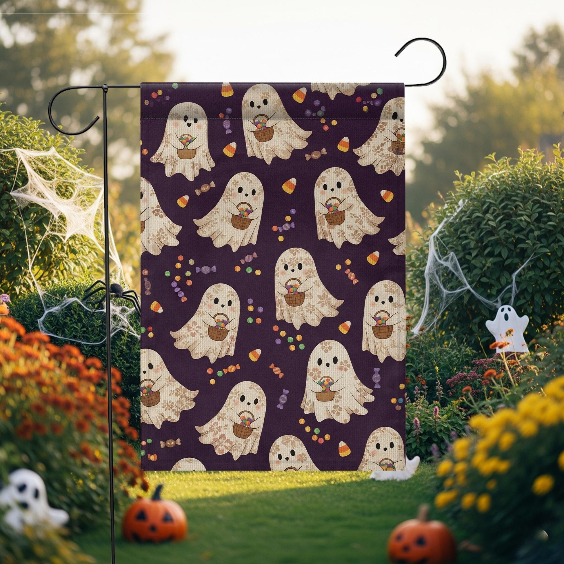 Halloween Ghost Garden Flag – Cute Trick or Treat Ghosts with Candy, Outdoor Yard Decoration