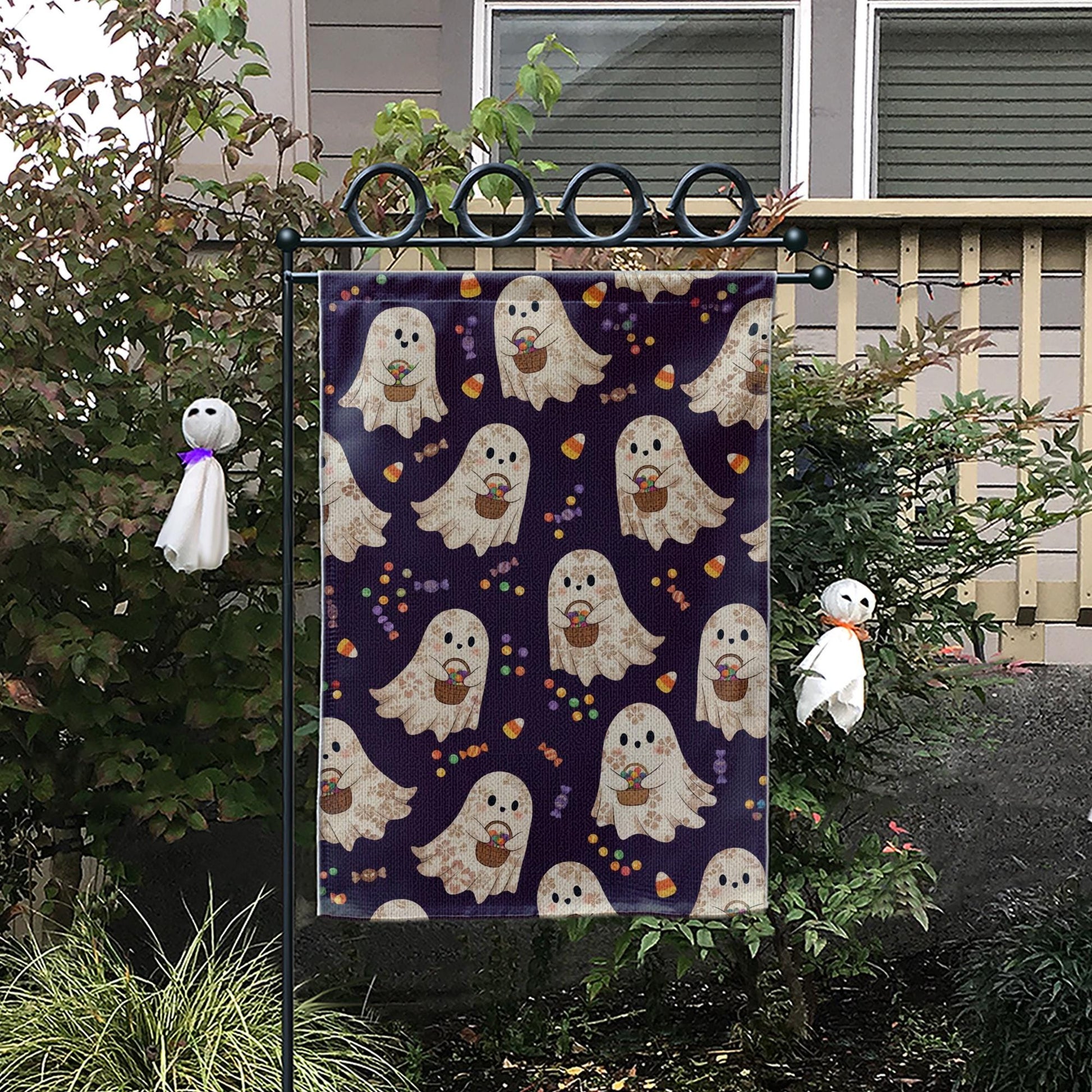 Halloween Ghost Garden Flag – Cute Trick or Treat Ghosts with Candy, Outdoor Yard Decoration