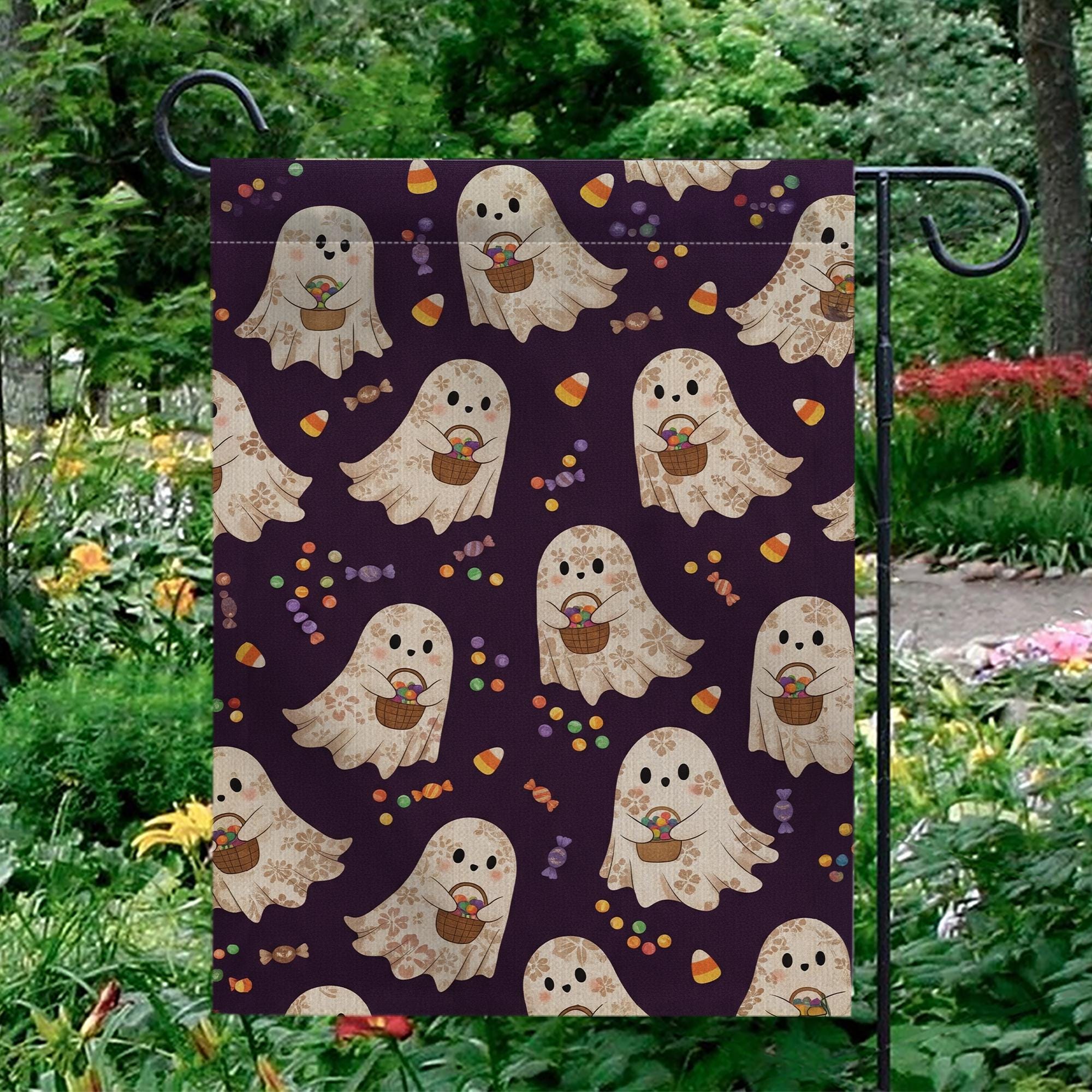 Halloween Ghost Garden Flag – Cute Trick or Treat Ghosts with Candy, Outdoor Yard Decoration